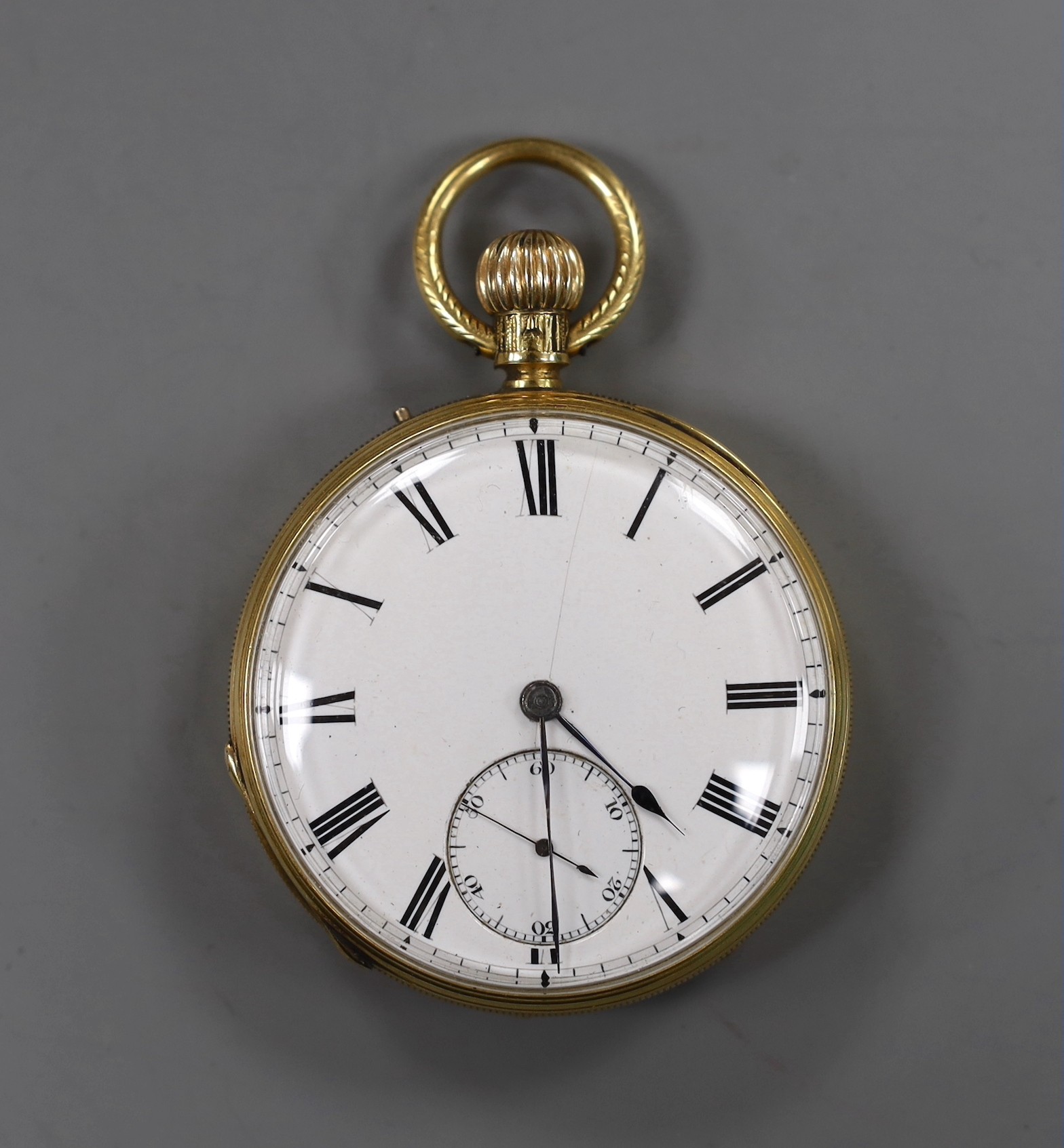 A George V engraved 18ct gold open faced keyless pocket watch, by Tho. Porthouse, London, with Roman dial(crack) and subsidiary seconds, case diameter 47mm                                                                 