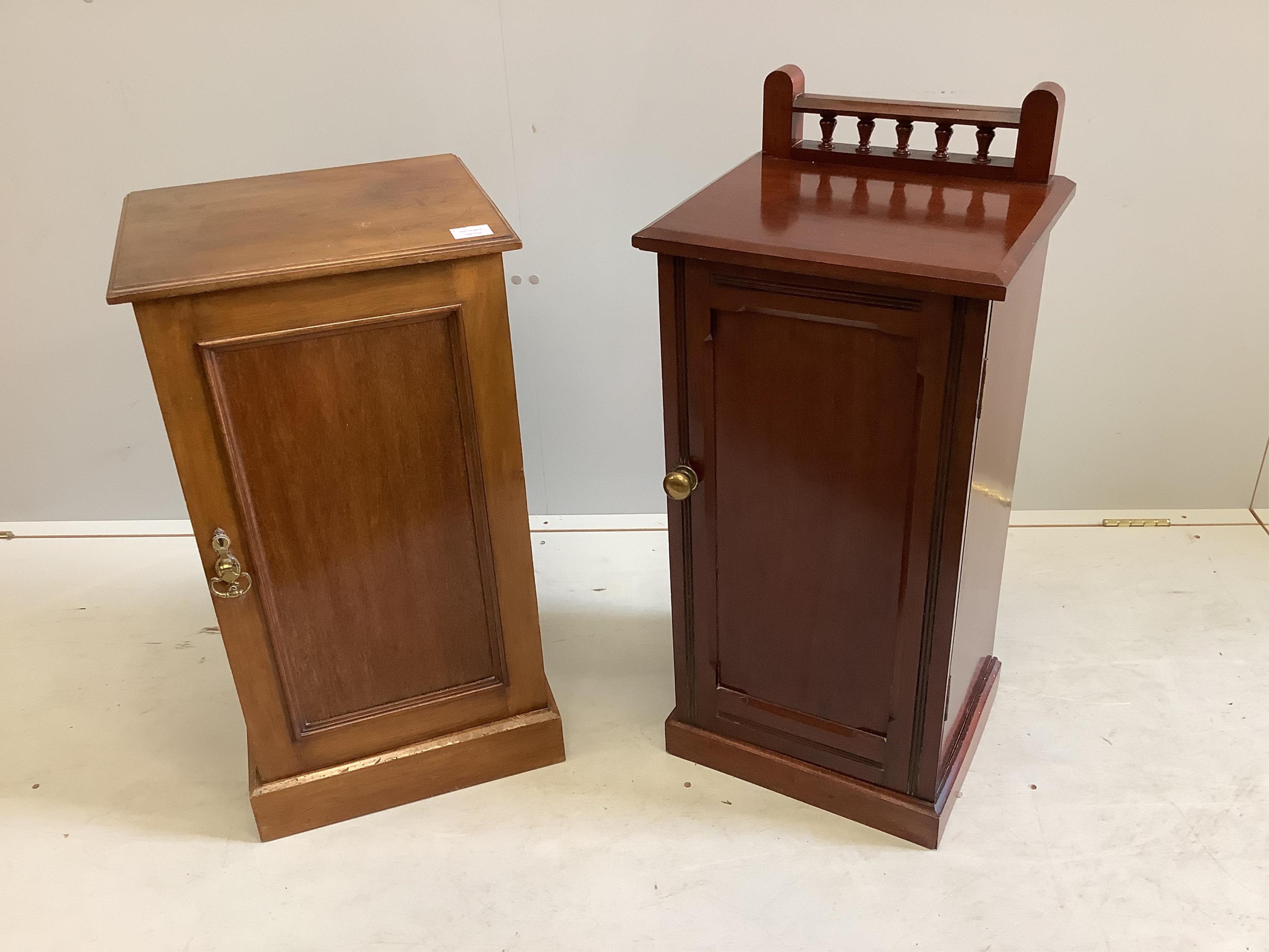 Two Victorian mahogany bedside cabinets, larger width 40cm, depth 34cm, height 73cm. Condition - fair-good                                                                                                                  