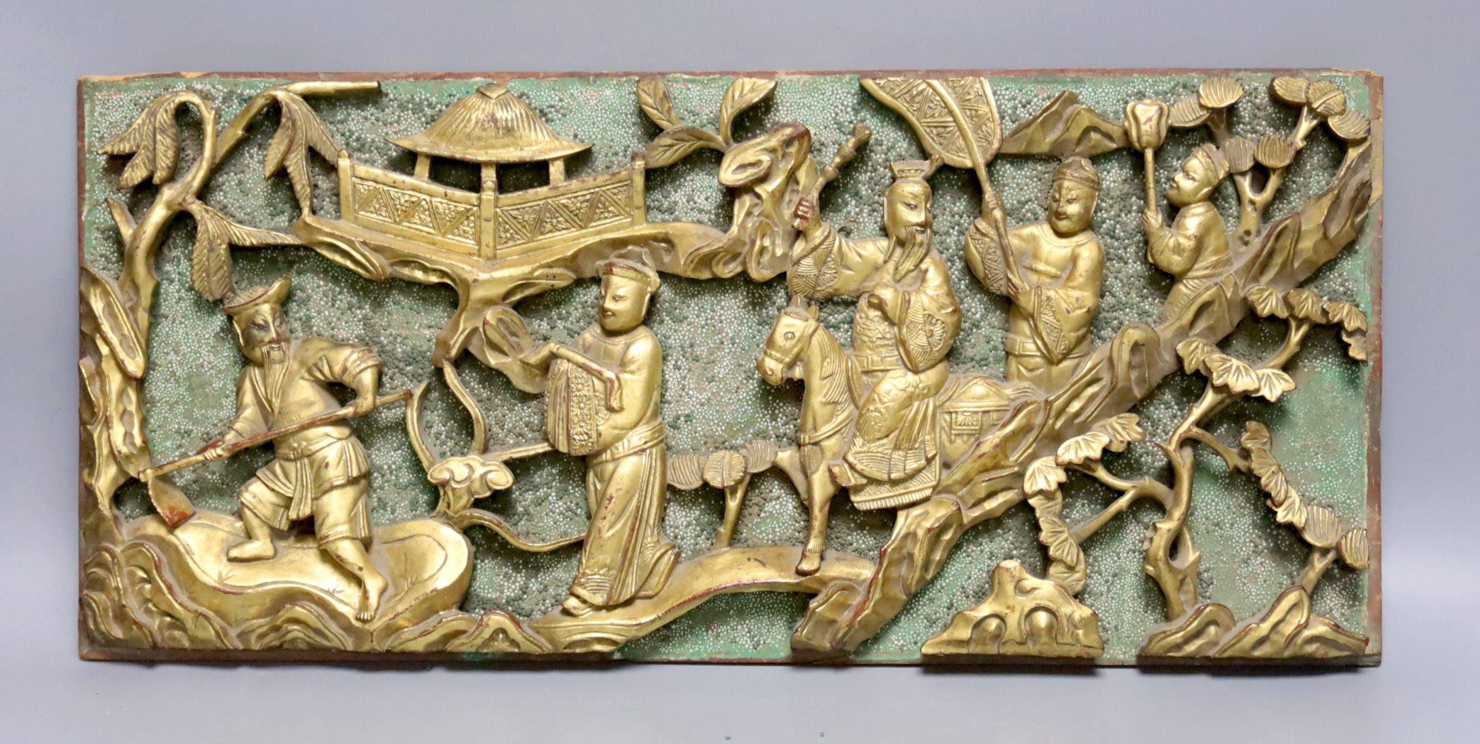 A Chinese carved giltwood plaque, 20 x 46cm                                                                                                                                                                                 