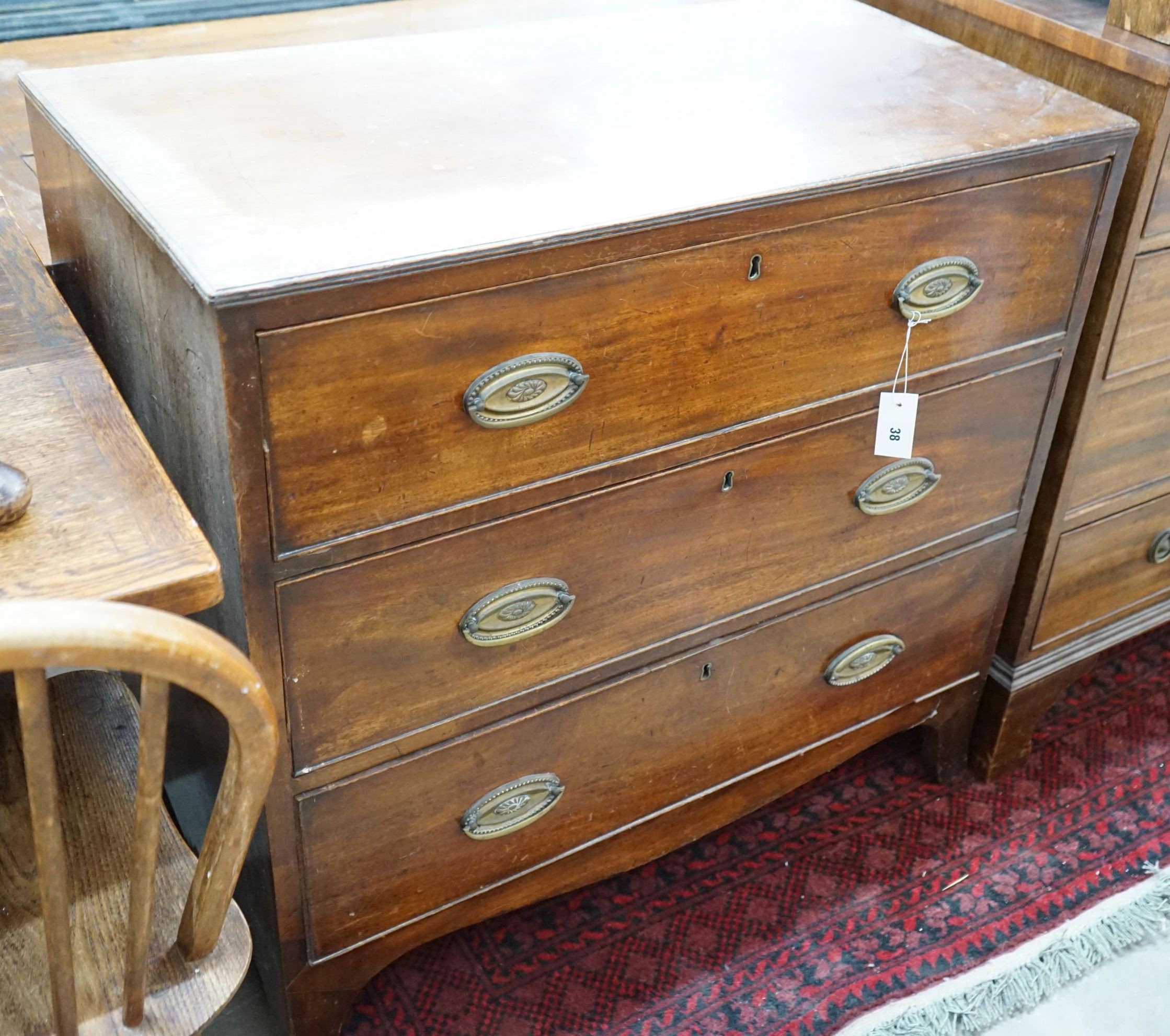 A Regency mahogany three drawer chest, width 91cm, depth 47cm, height 87cm                                                                                                                                                  