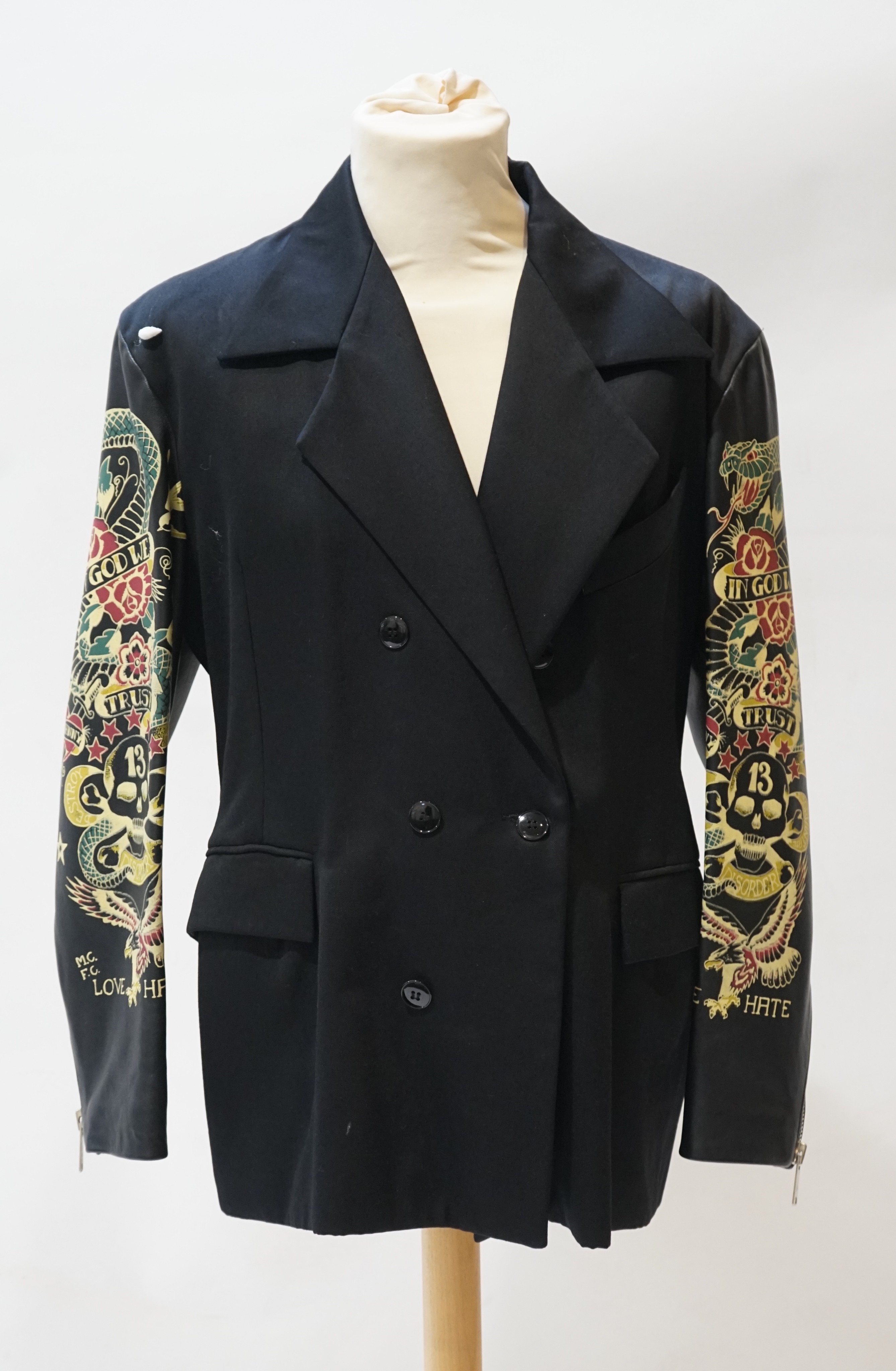 A gentleman's John Richmond double breasted wool jacket with stencilled leather arms, size M                                                                                                                                