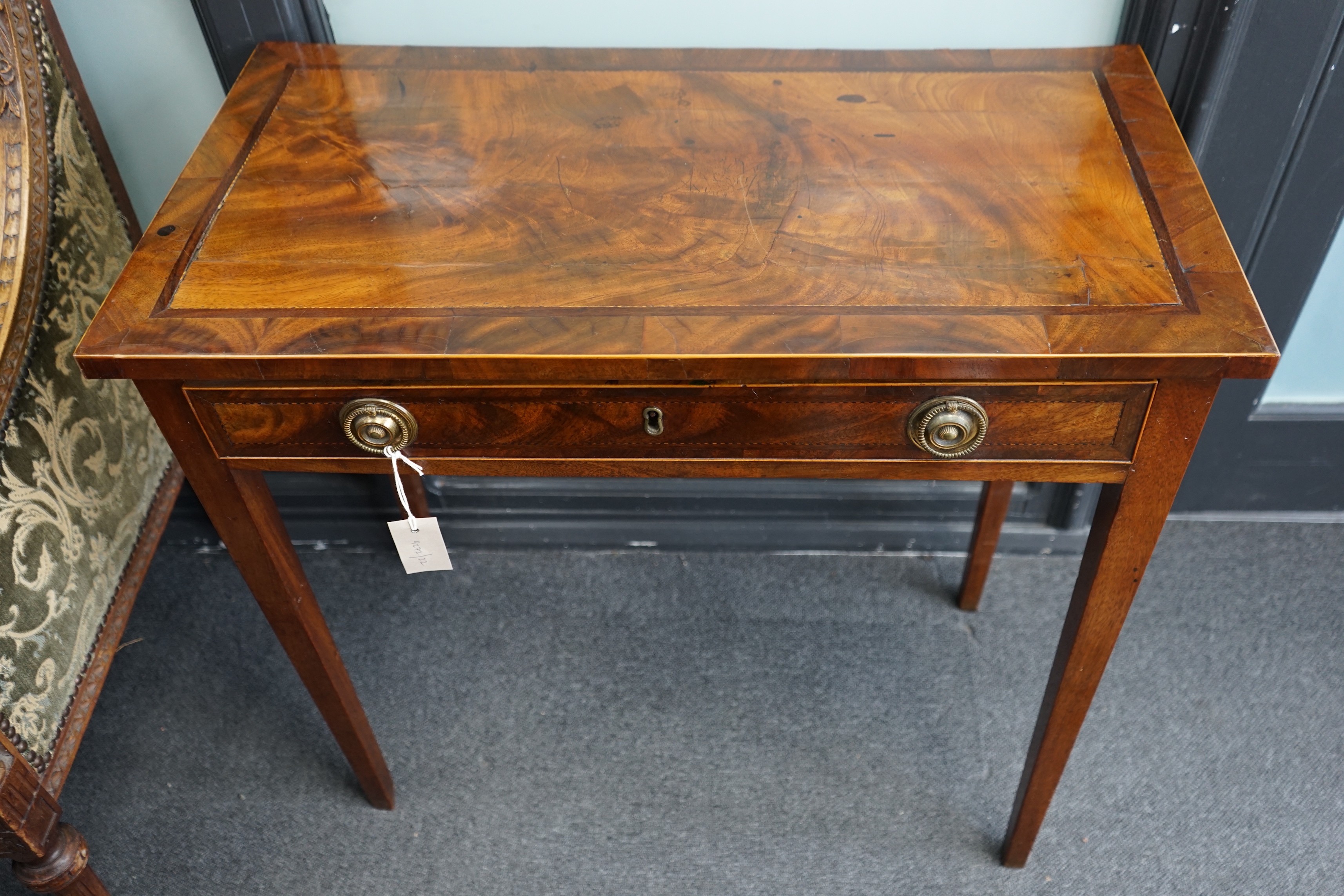 A George III banded mahogany side table, width 75cm, depth 40cm, height 71cm                                                                                                                                                