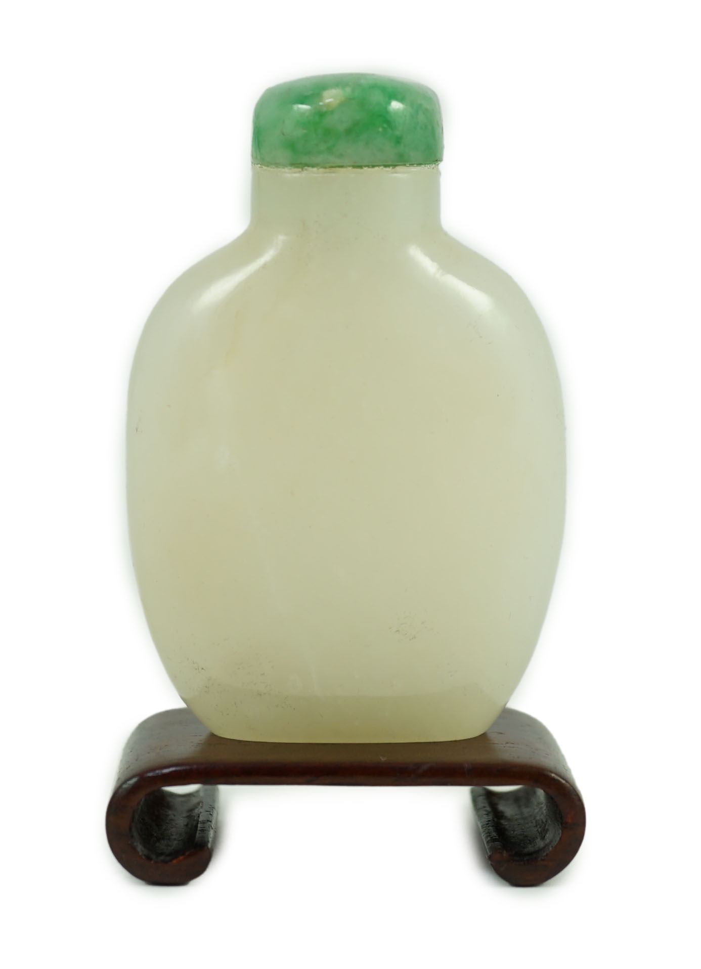 A Chinese white jade snuff bottle, 19th/20th century, 6.2 cm high including jadeite stopper                                                                                                                                 