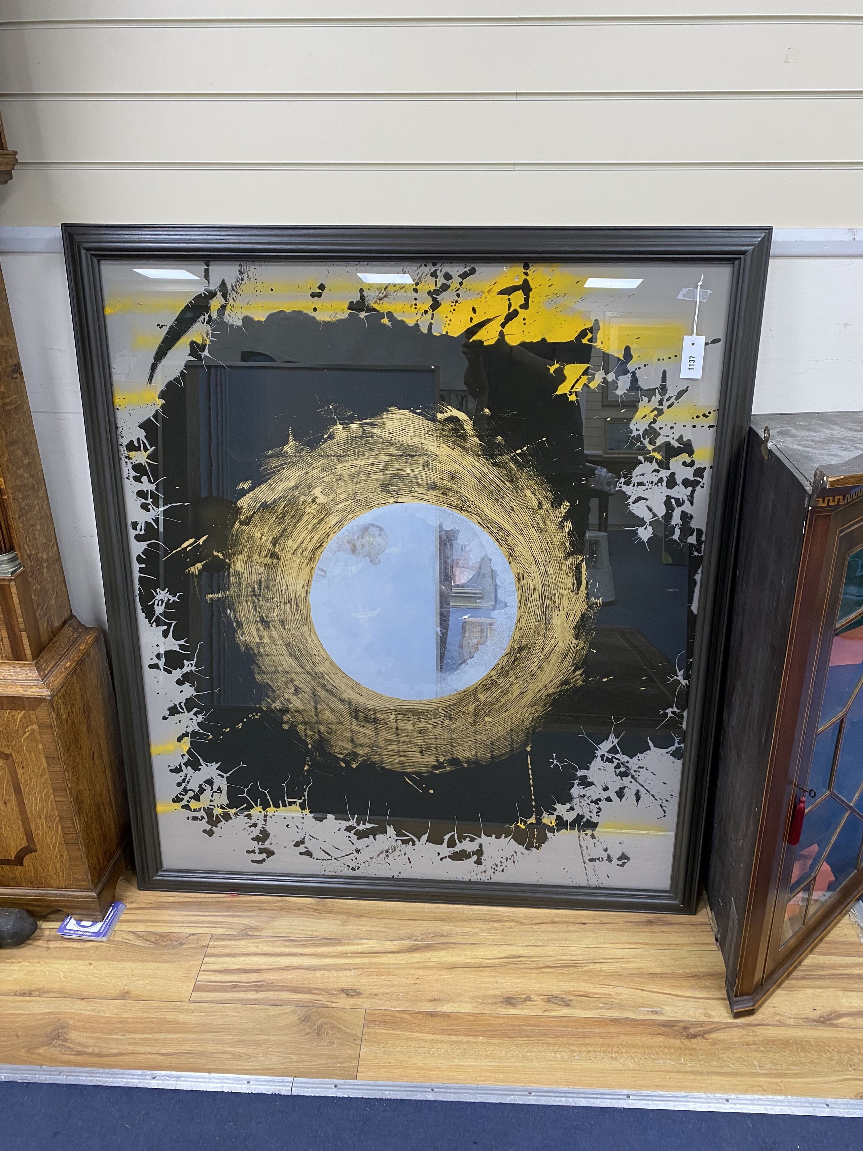 A large contemporary artwork on glass, with abstract pattern and centre mirror in frame, unsigned width 118cm, height 135cm                                                                                                 
