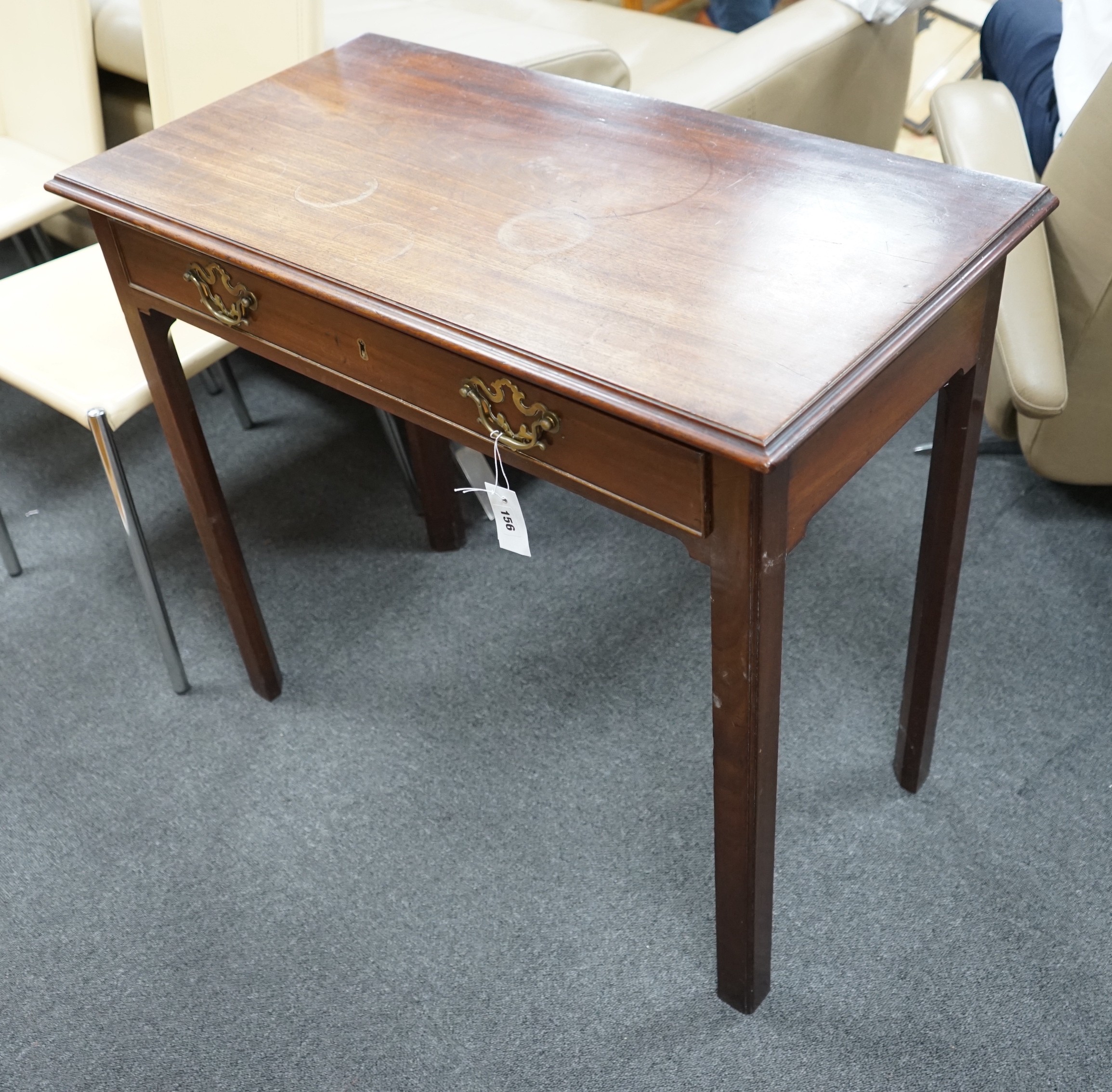 A George III mahogany single drawer side table, width 86cm, depth 45cm, height 76cm                                                                                                                                         