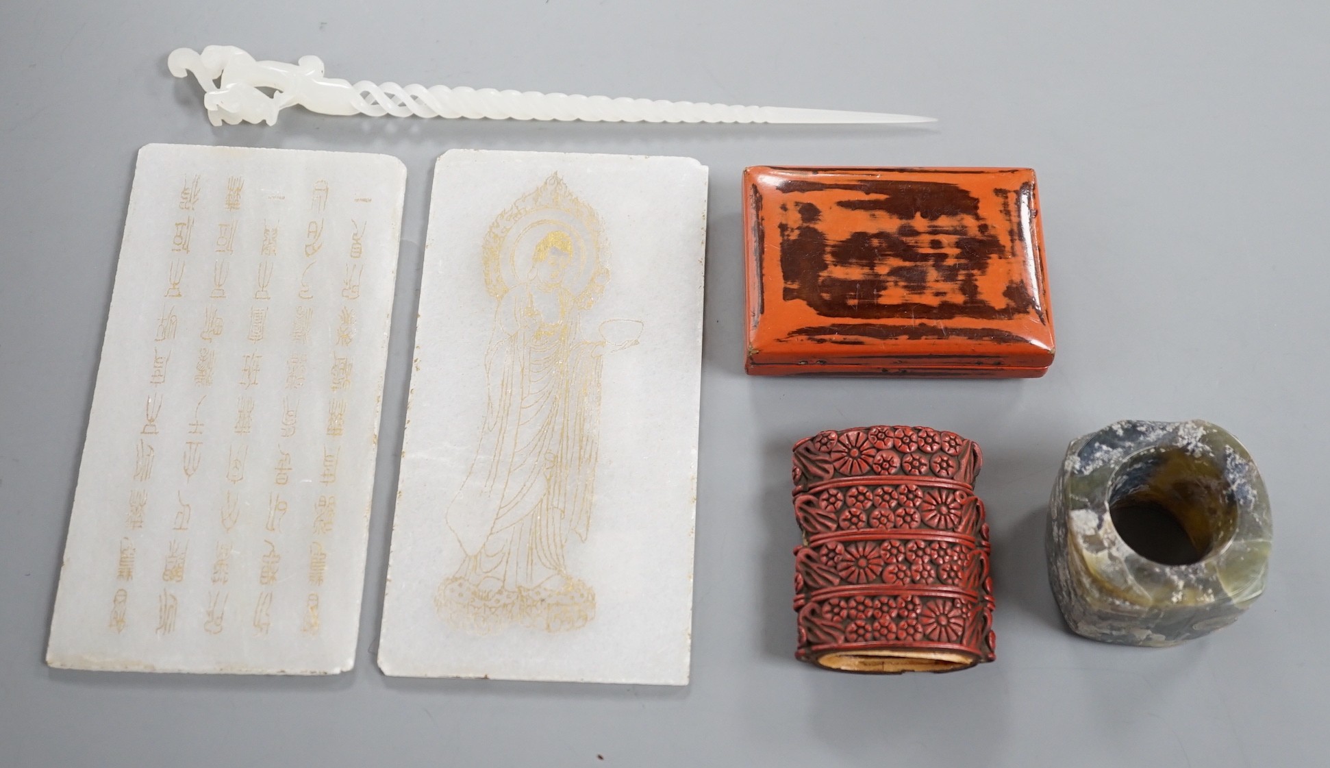 A group of Chinese jade, lacquer items, a hair pin, and two inscribed tablets                                                                                                                                               