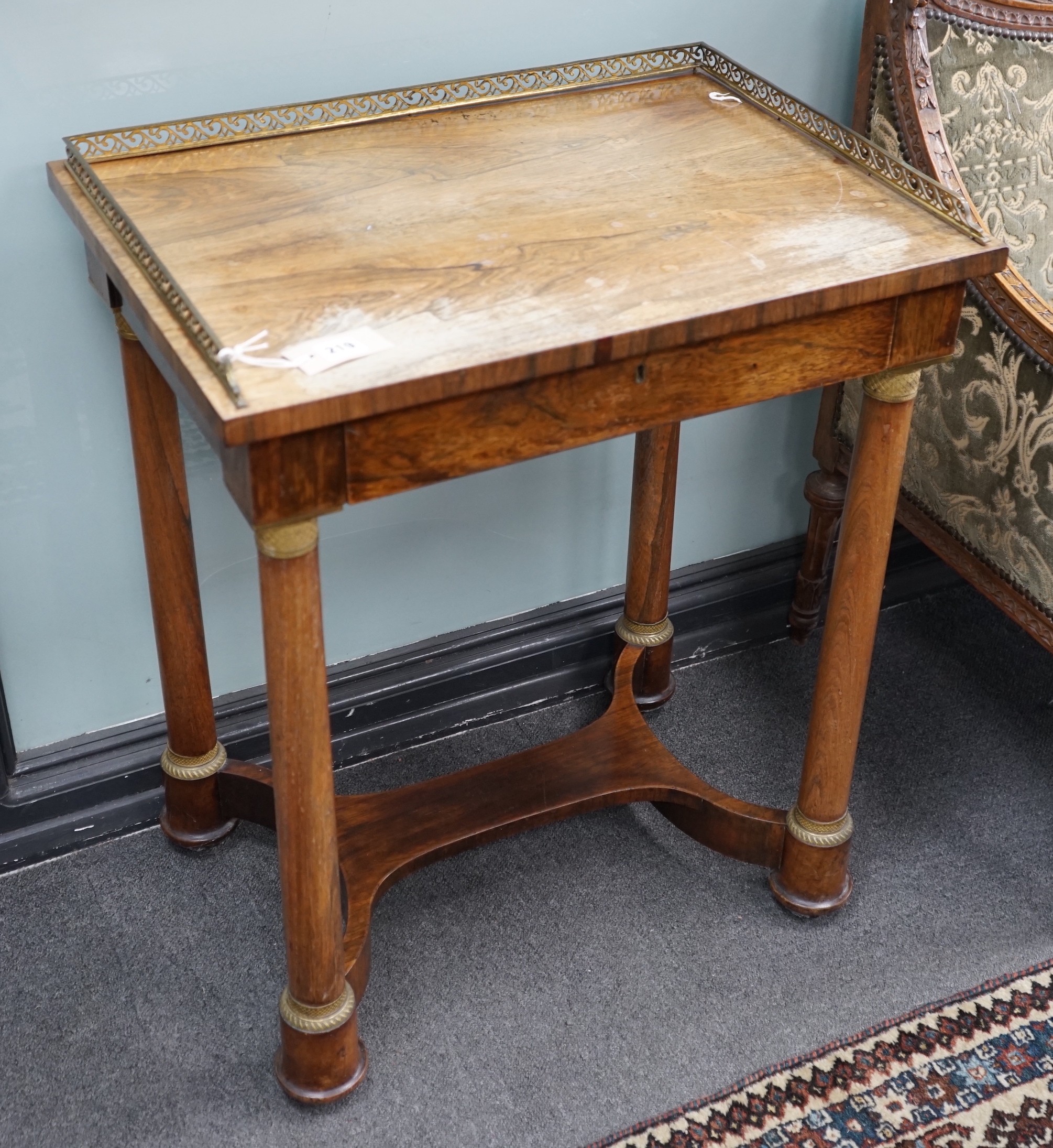 A Regency gilt metal mounted rosewood side table, width 64cm, depth 45cm, height 77cm                                                                                                                                       