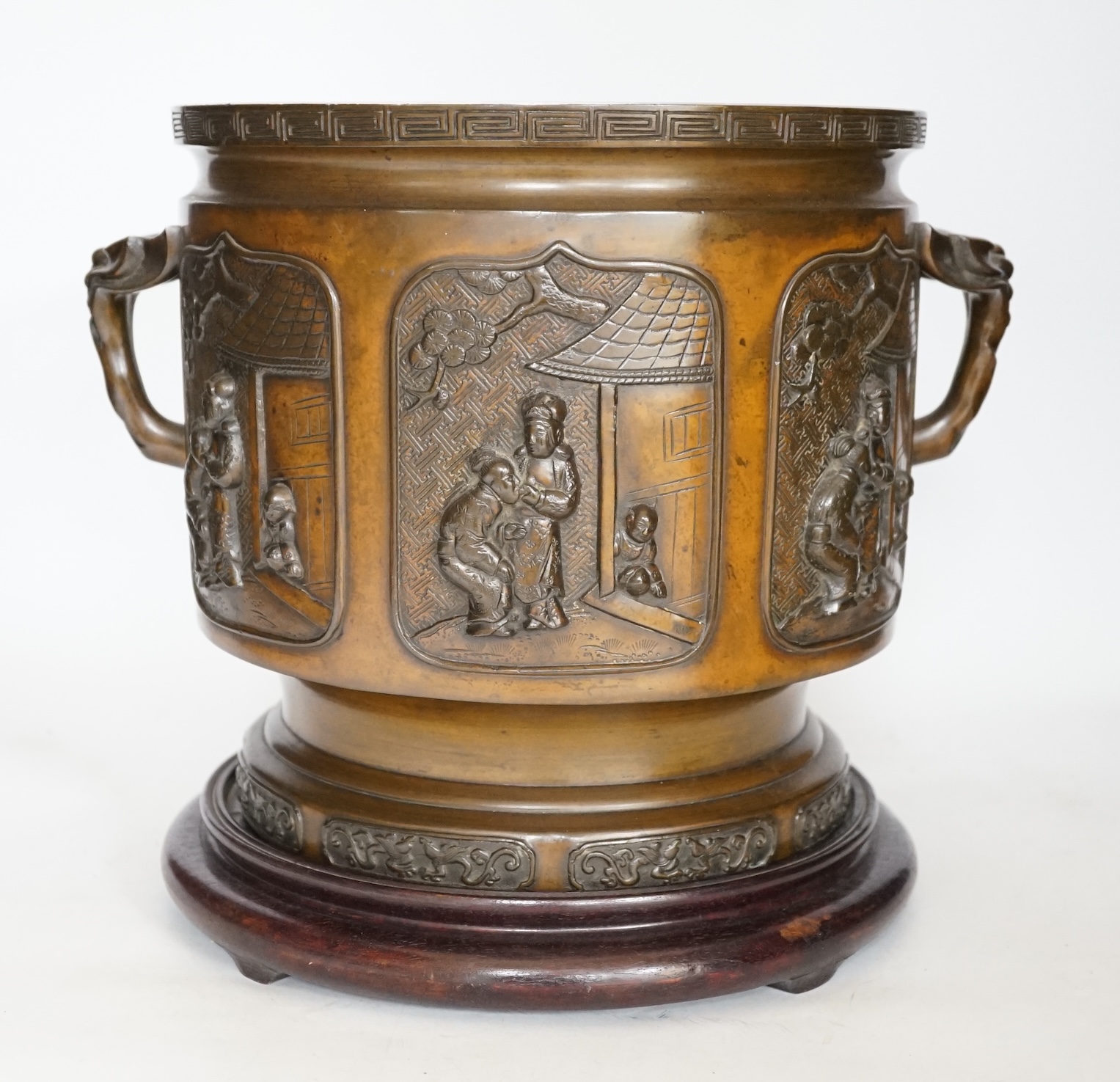 A large 19th century Japanese bronze two handled censer on stand, 28cm high                                                                                                                                                 