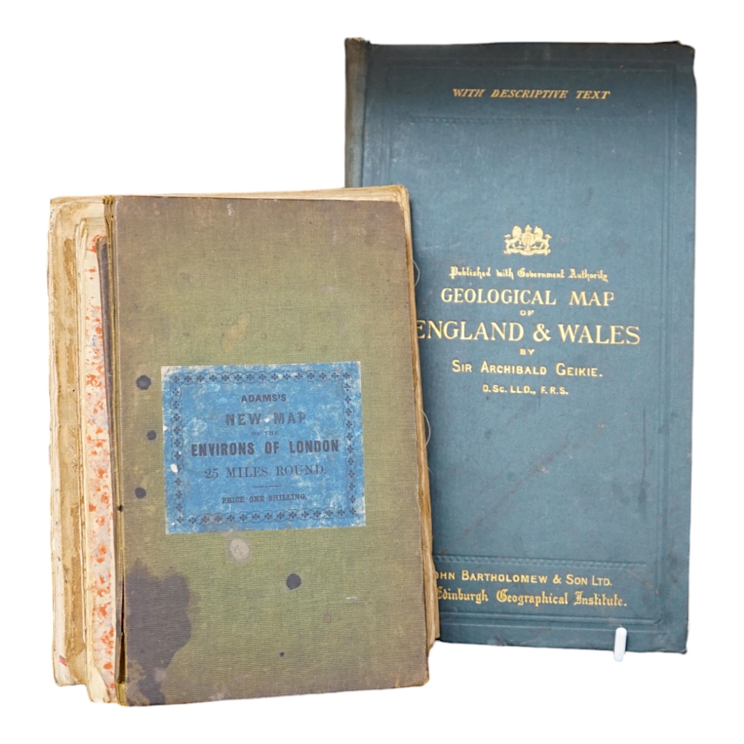 Five mid-19th to early 20th century folding maps; including Adams new map of the environment of London, Newman’s Pocket map of England and Wales, a Bartholomew Geological Map of England and Wales, a J. Cooper, 36 Fetter 