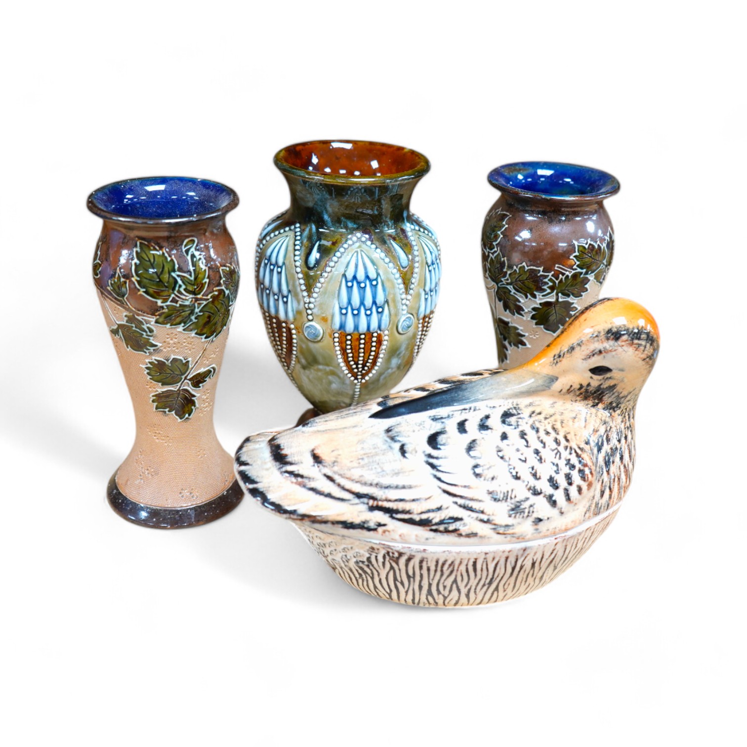 A pair and another Doulton stoneware vases and a Woodcock terrine dish by Michel Caugant, tallest 15.5cm. Condition - good                                                                                                  