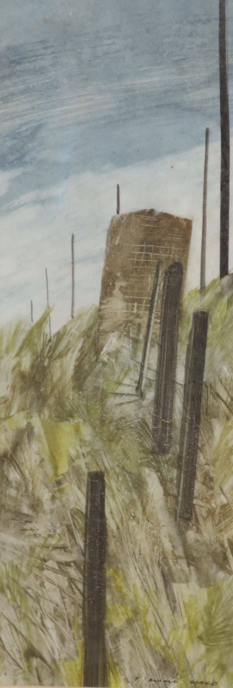 Frederick Donald Blake (1908-1977), watercolour, Fence posts on sand dunes, signed, 47 x 17cm                                                                                                                               