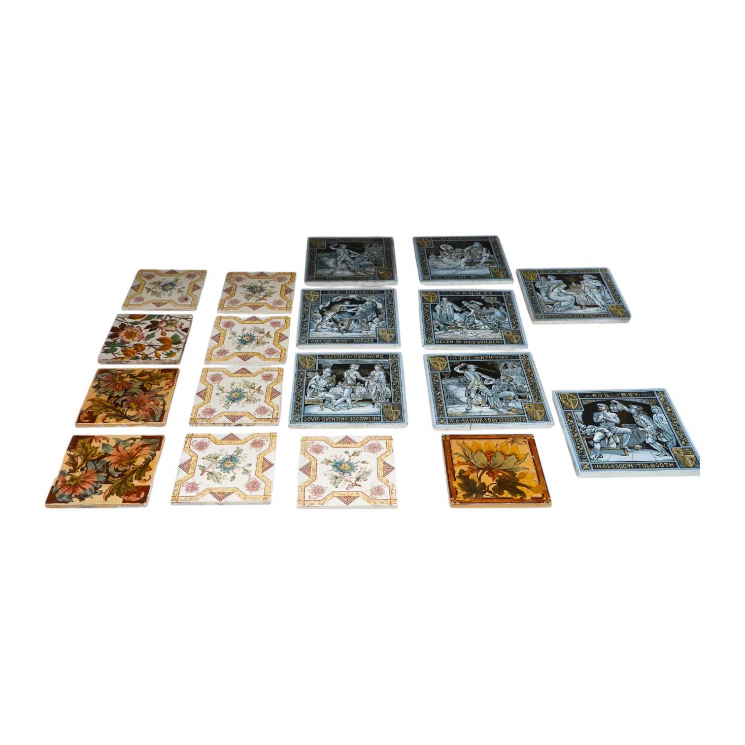 John Moyr Smith, a set of eight Waverley series Minton picture tiles to include Rob Roy and Old Mortality together with other floral tiles, largest 20 x 20cm. Condition - mostly fair, some cracked                        