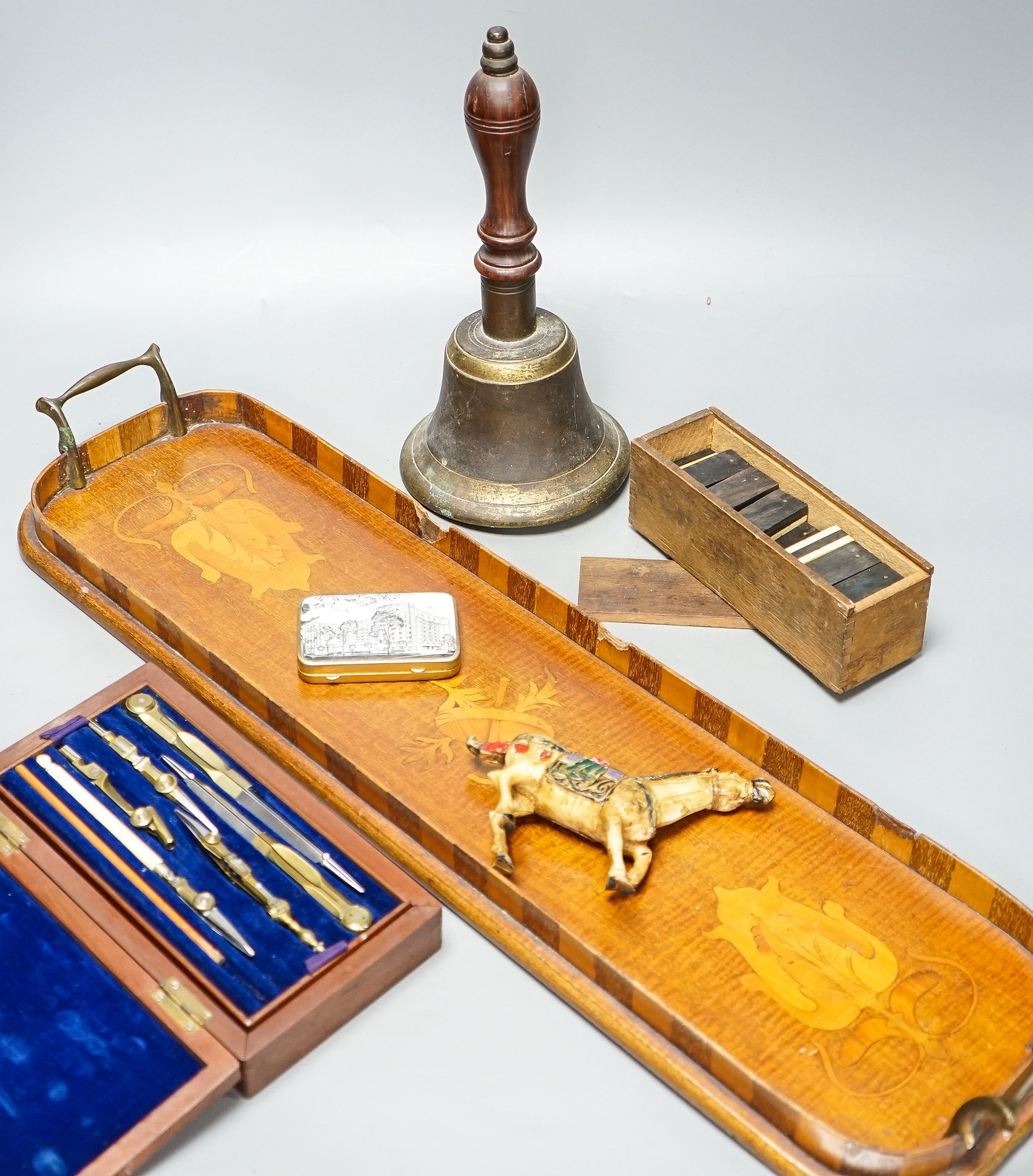 A Victorian bronze school bell, a tray and sundry items                                                                                                                                                                     