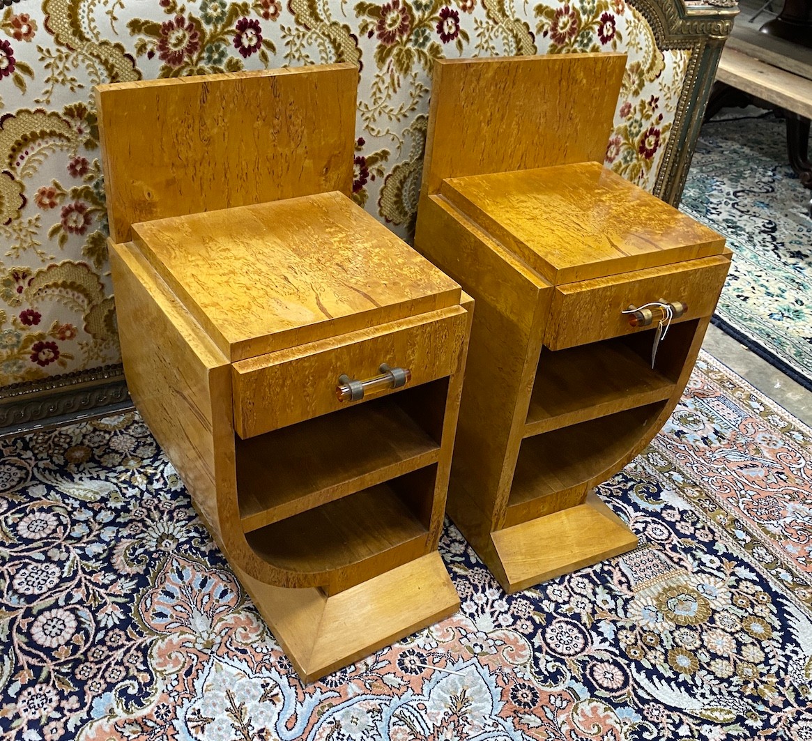 A pair of Art Deco birds eye maple side cabinets, width 38cm, depth 41cm, height 75cm                                                                                                                                       