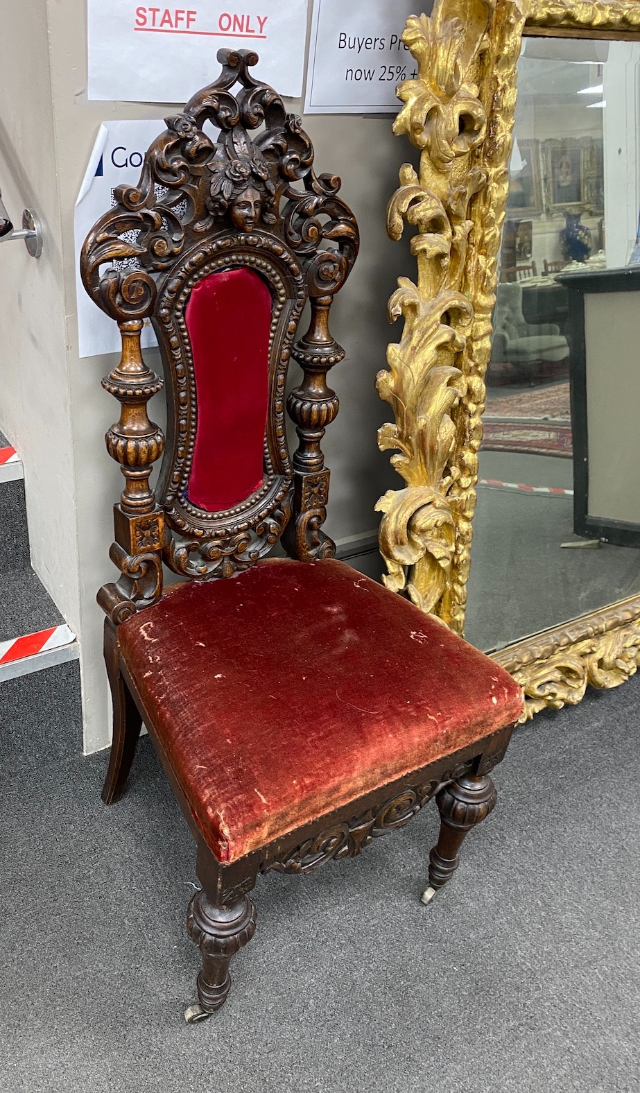 A pair of 19th century Flemish carved oak side chairs, height 118cm                                                                                                                                                         