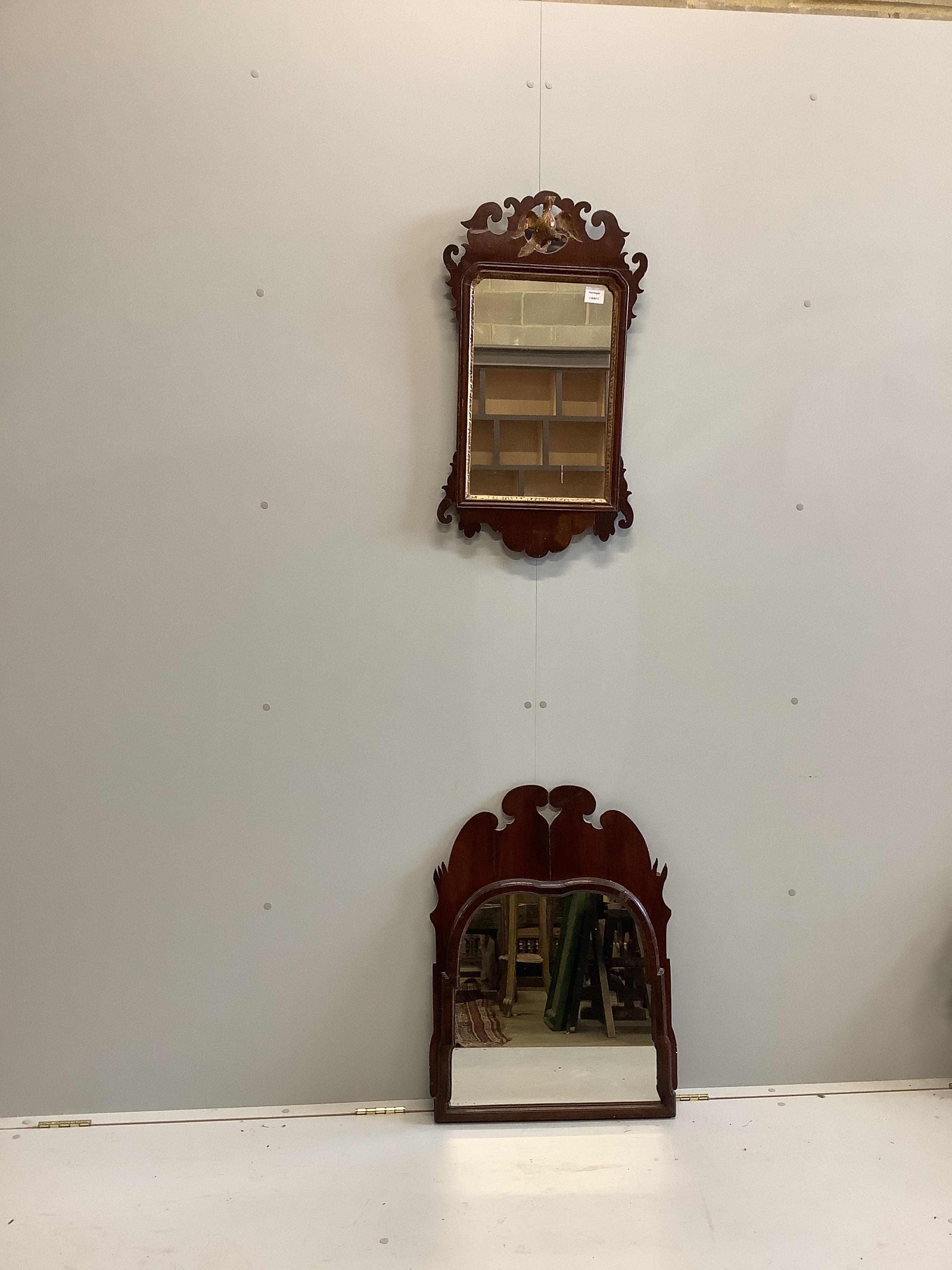 Two 18th century style walnut fret cut wall mirrors, largest width 55cm, height 70cm                                                                                                                                        