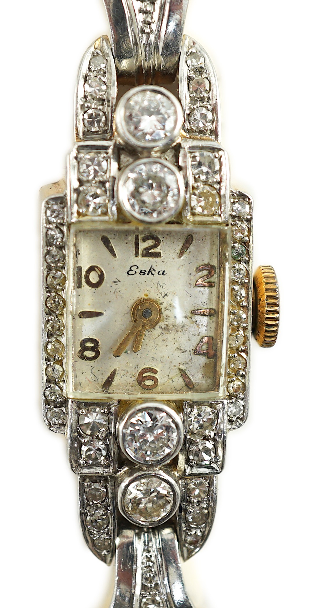 A mid to late 20th century gold and diamond set Eska manual wind cocktail watch                                                                                                                                             