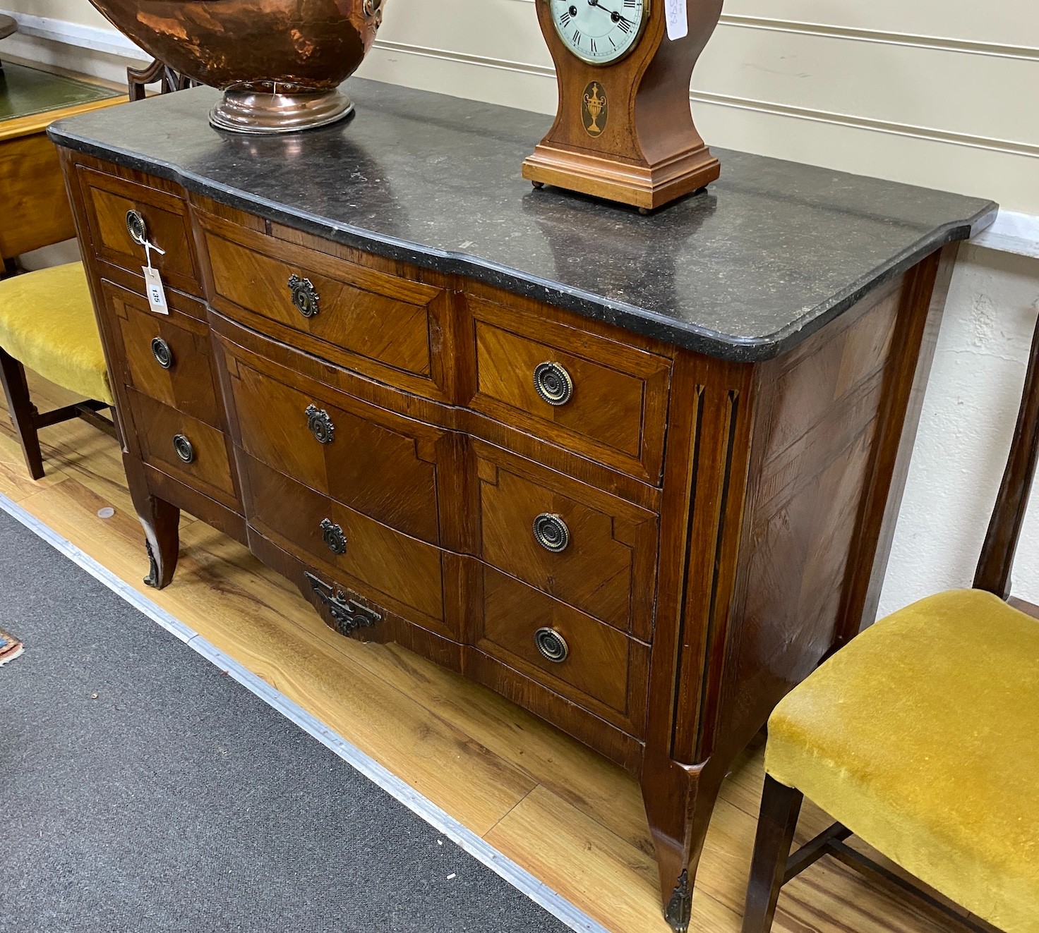 A 19th century French kingwood marble top commode, width 124cm, depth 50cm, height 89cm                                                                                                                                     