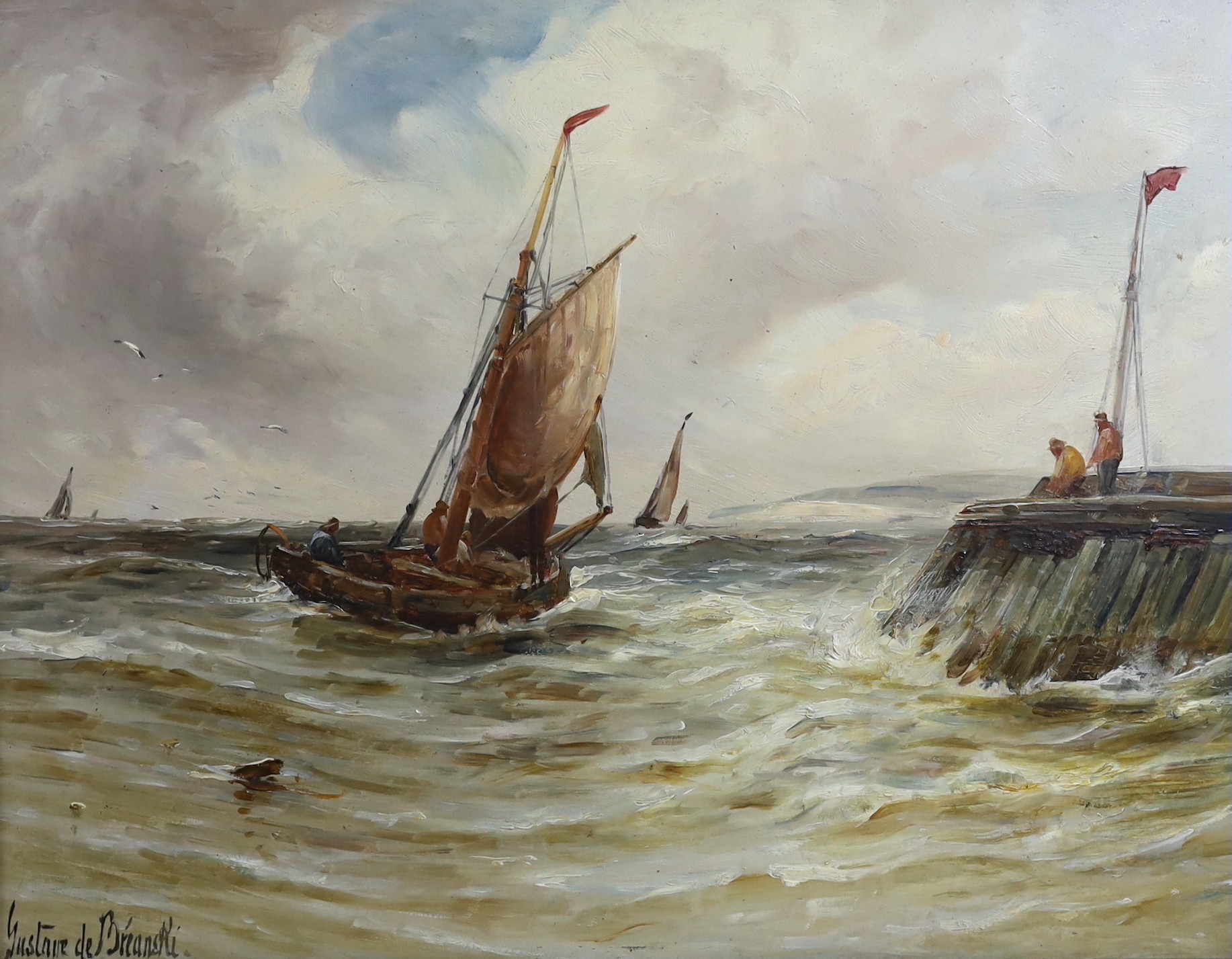 Gustave de Bréanski (1856-1898), oil on board, Fishing boat off a jetty, signed, 34 x 44cm                                                                                                                                  