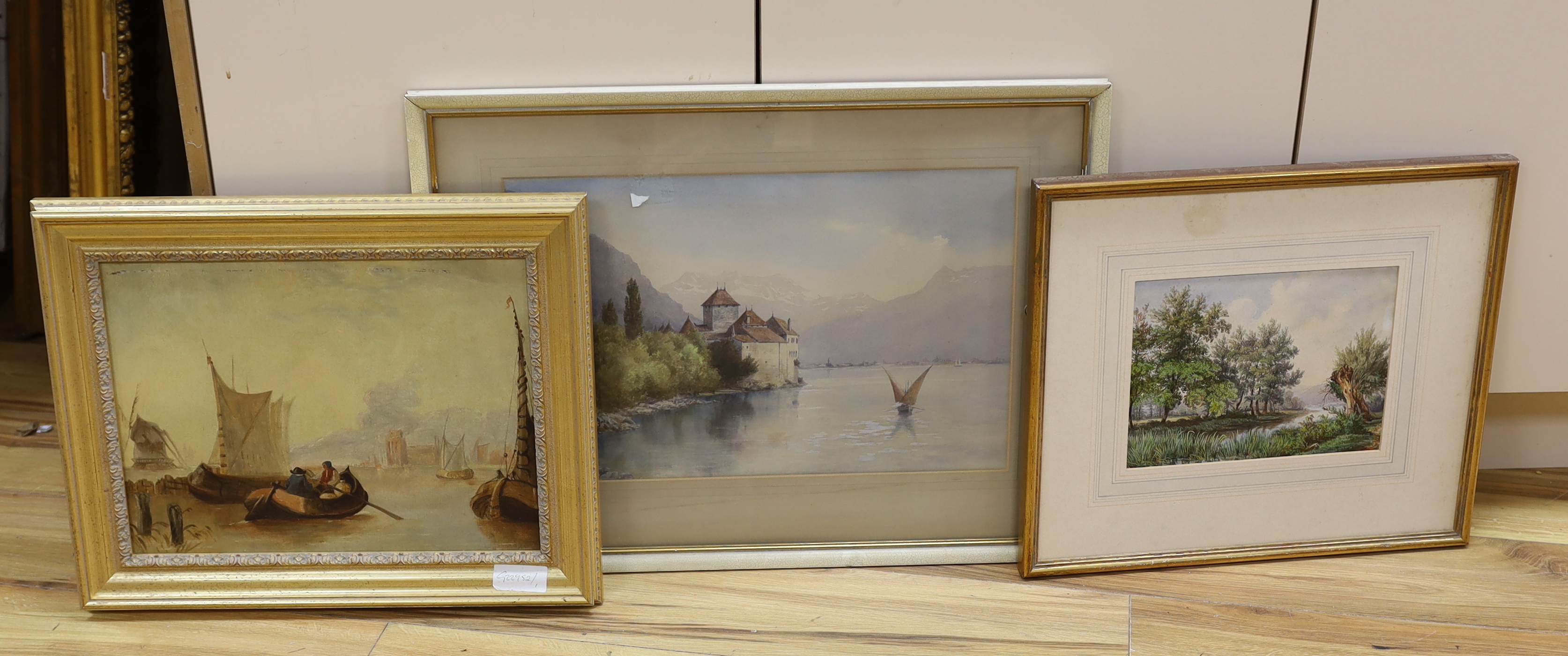 Fred C Dixon (b. 1902-1992), watercolour, Chateau Chillon, signed, together with another mid 19th century watercolour landscape and a Dutch oil on canvas, barges, largest 29 x 47cm                                        