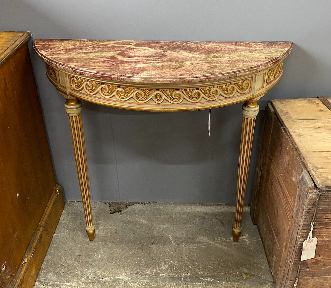 An 18th century style painted faux marble D shaped console table, width 88cm, depth 34cm, height 77cm                                                                                                                       