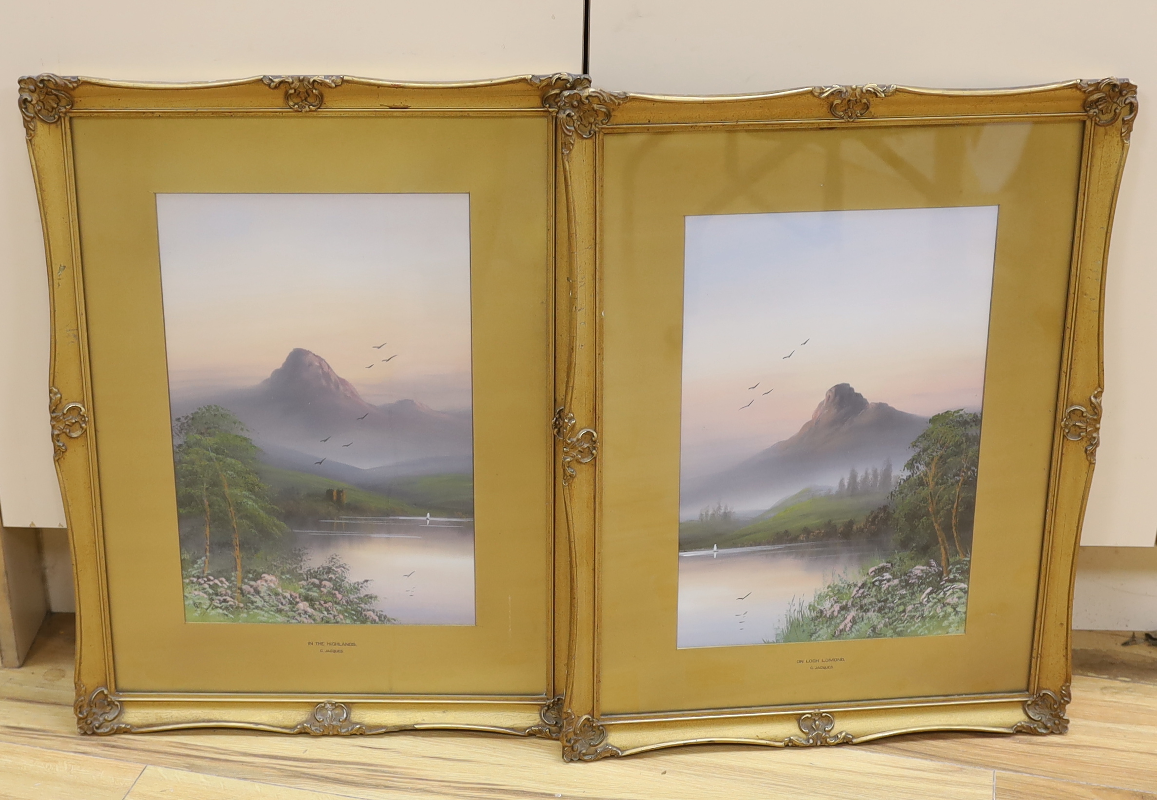 C. Jacques, pair of gouaches, ‘On Loch Lomond’ and ‘In the Highlands’, each signed, 37 x 24cm, ornate gilt framed                                                                                                           
