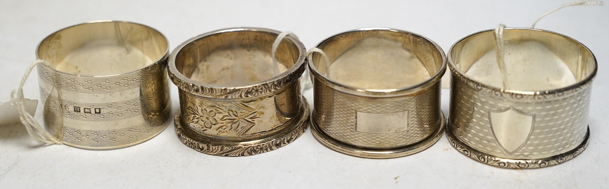 A collection of fifteen assorted early 20th century and later silver napkin rings, various dates and makers. Condition - poor to fair                                                                                       