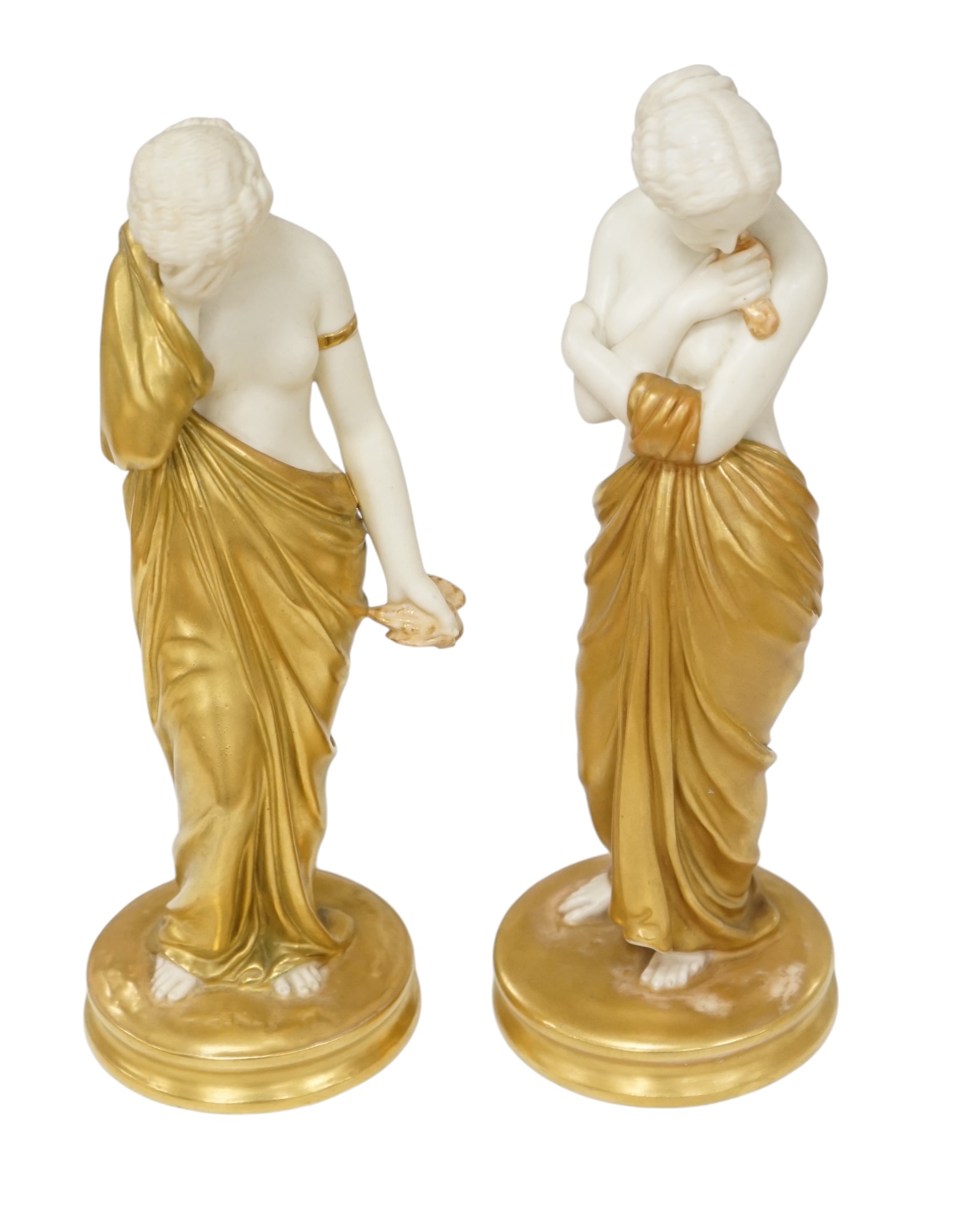 A pair of Royal Worcester porcelain figures, Joy and Sorrow, modelled by James Hadley, 2/57 & 2/47, 24cm. Condition - good                                                                                                  