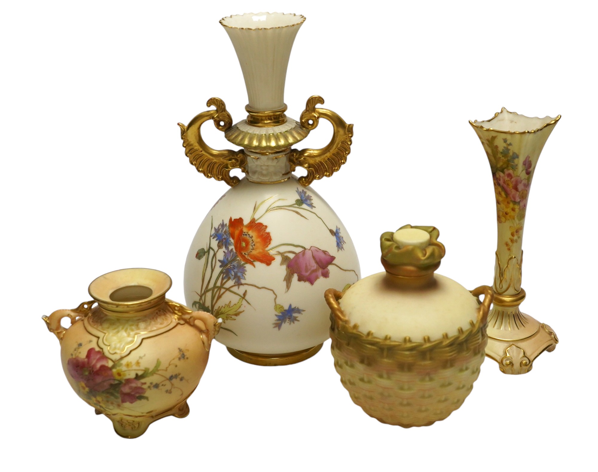 Four Worcester blush ivory floral pots and vases, 1176, 2538, 1728 & 1327, largest 22cm high. Condition - fair to good                                                                                                      