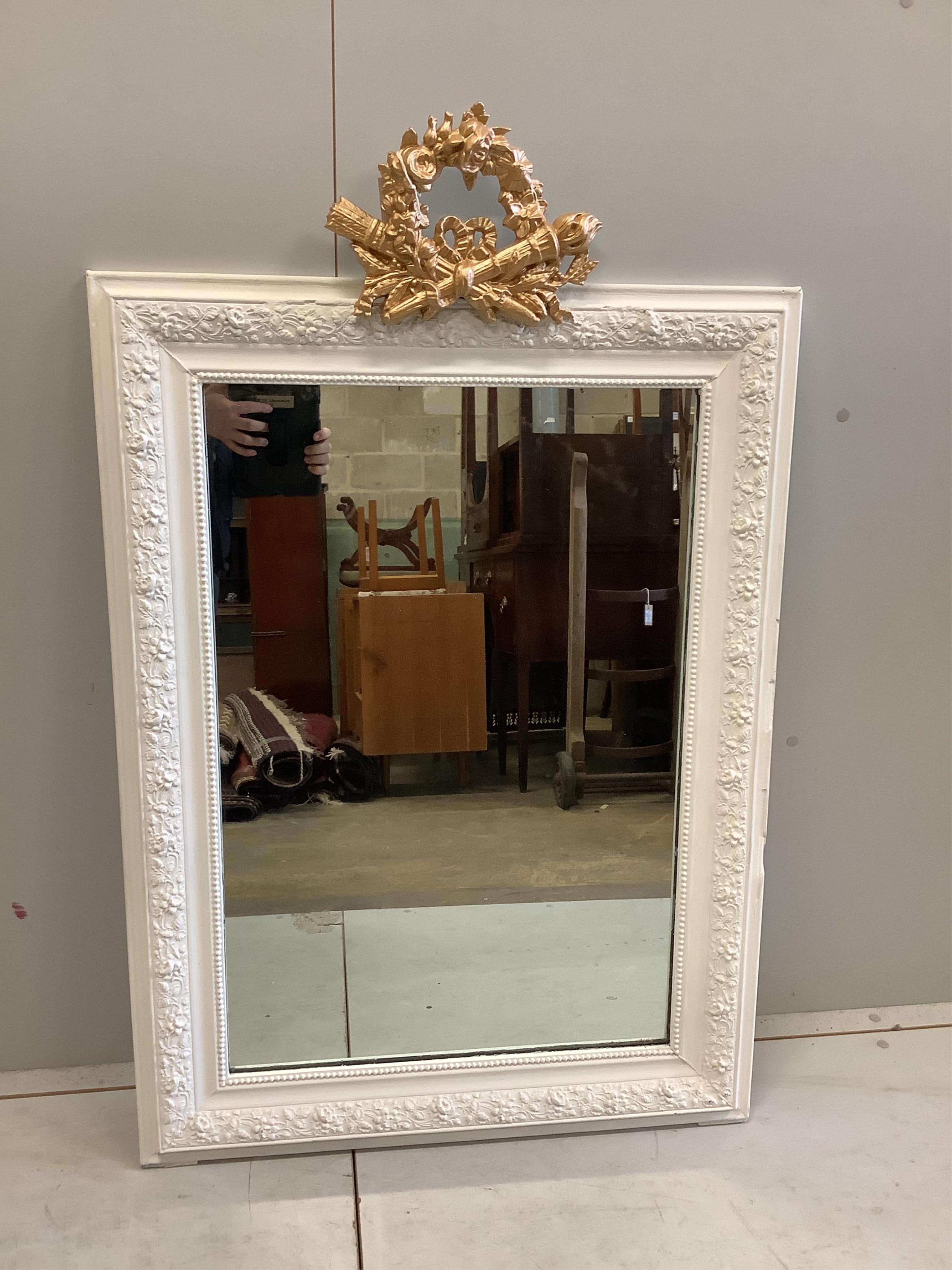 A late 19th century French overmantel mirror, later painted, width 77cm, height 122cm. Condition - fair                                                                                                                     