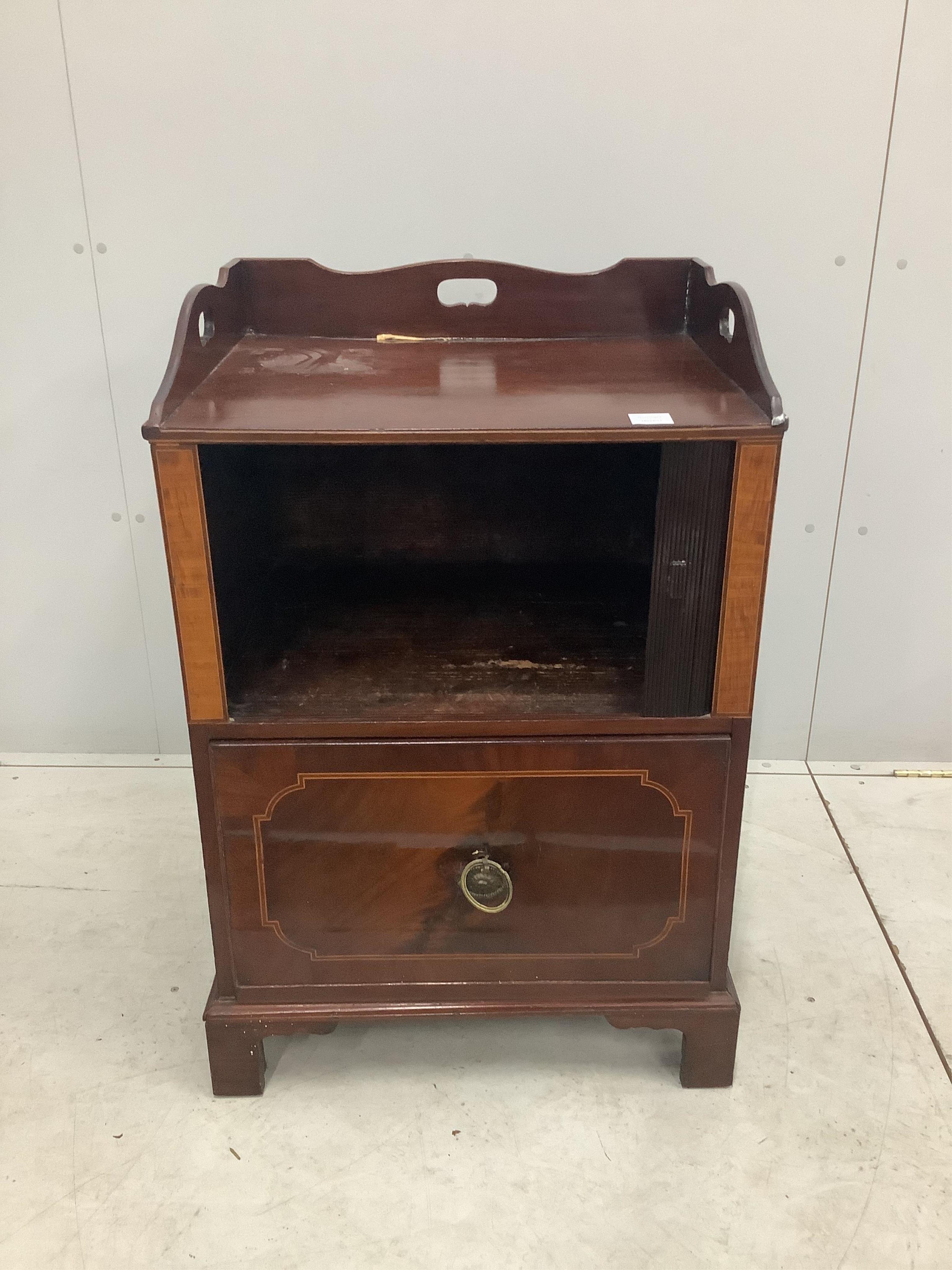 A George III inlaid mahogany tray top commode, width 62cm, height 93cm. Condition - fair                                                                                                                                    