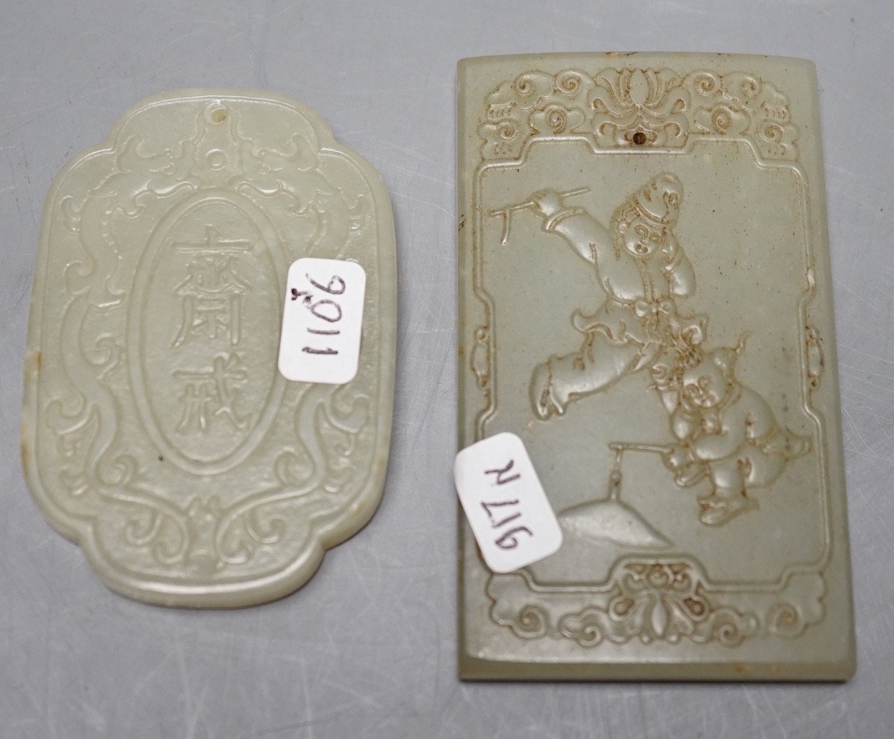 Two Chinese pale celadon jade plaques, largest 7.5 x 4.5cm                                                                                                                                                                  