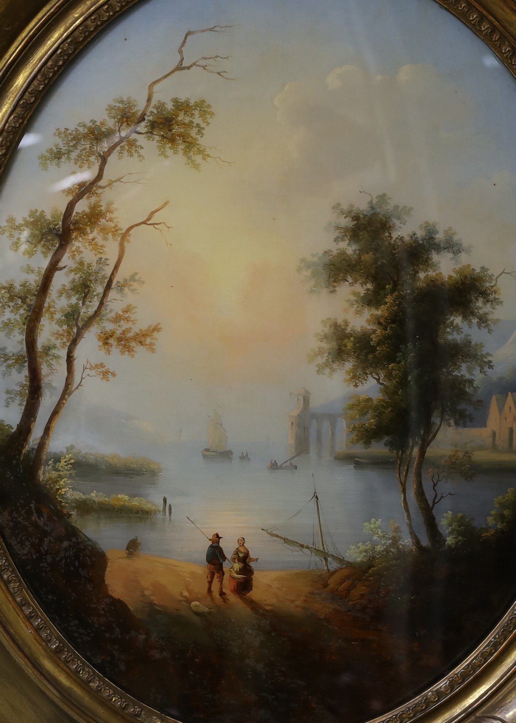 19th century Continental School, reverse painting on glass, Harbour scene at sunrise, 40 x 32cm                                                                                                                             