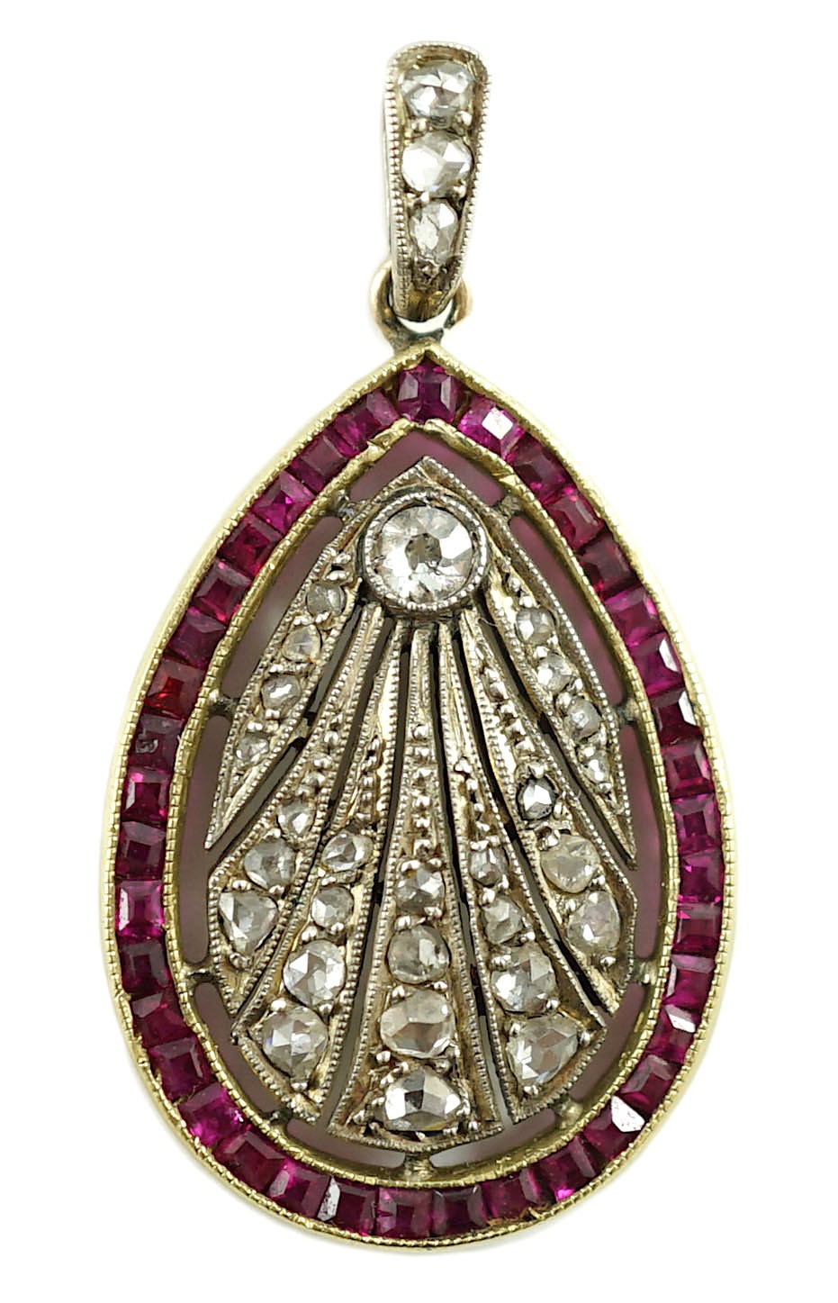 A 1920's pierced gold and platinum, millegrain set ruby and diamond oval pendant                                                                                                                                            