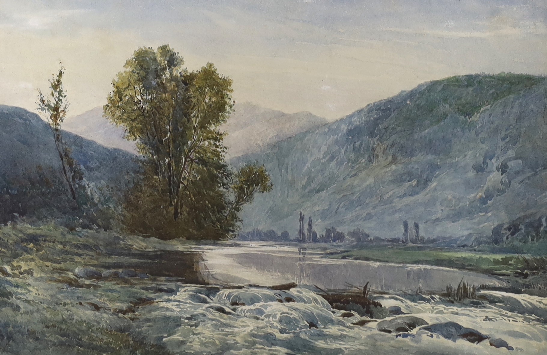 English School, watercolour, River landscape, indistinctly signed, 29 x 44cm                                                                                                                                                