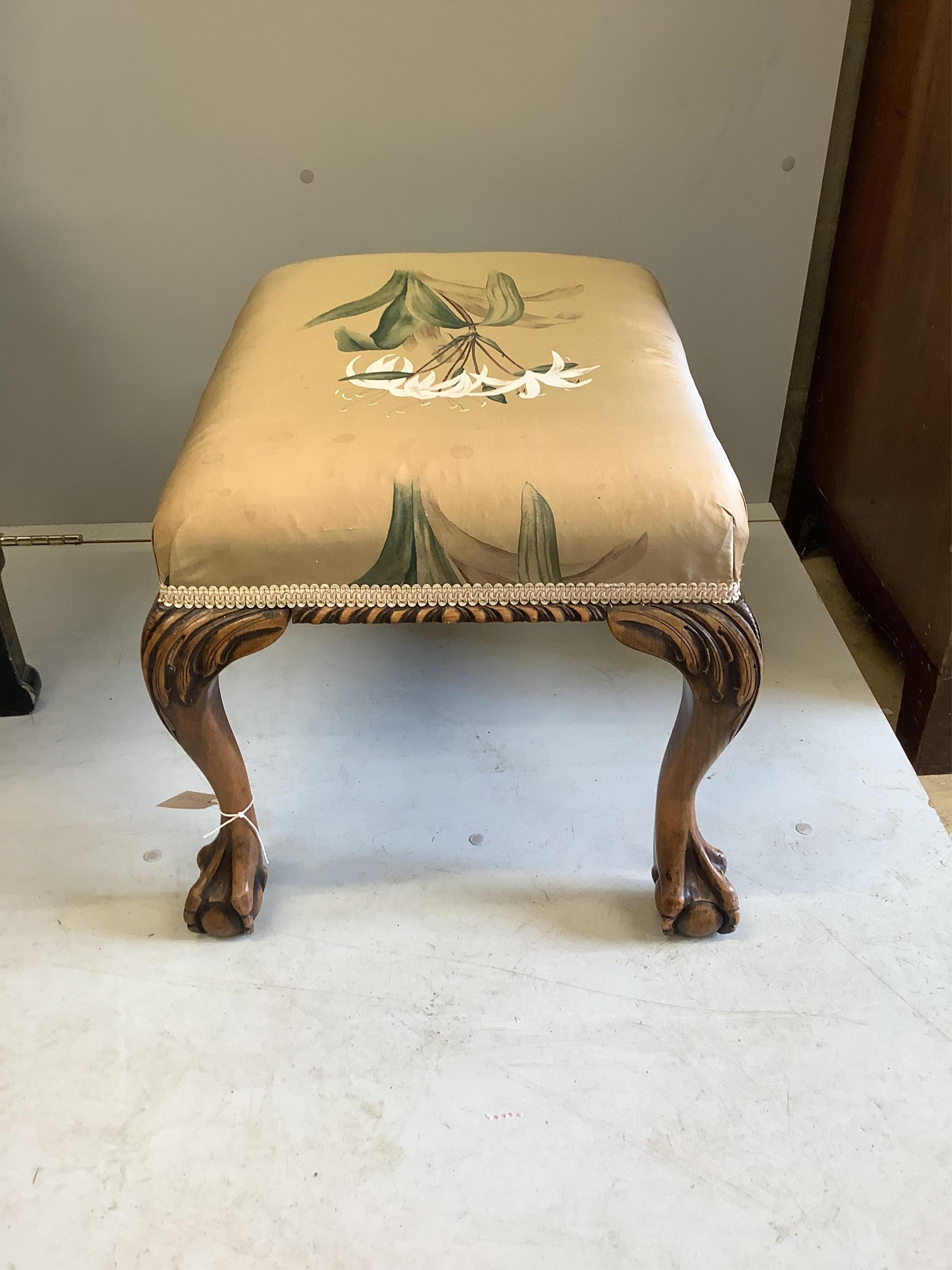 A George II carved beech dressing stool, width 56cm, depth 46cm, height 43cm. Condition - fair                                                                                                                              