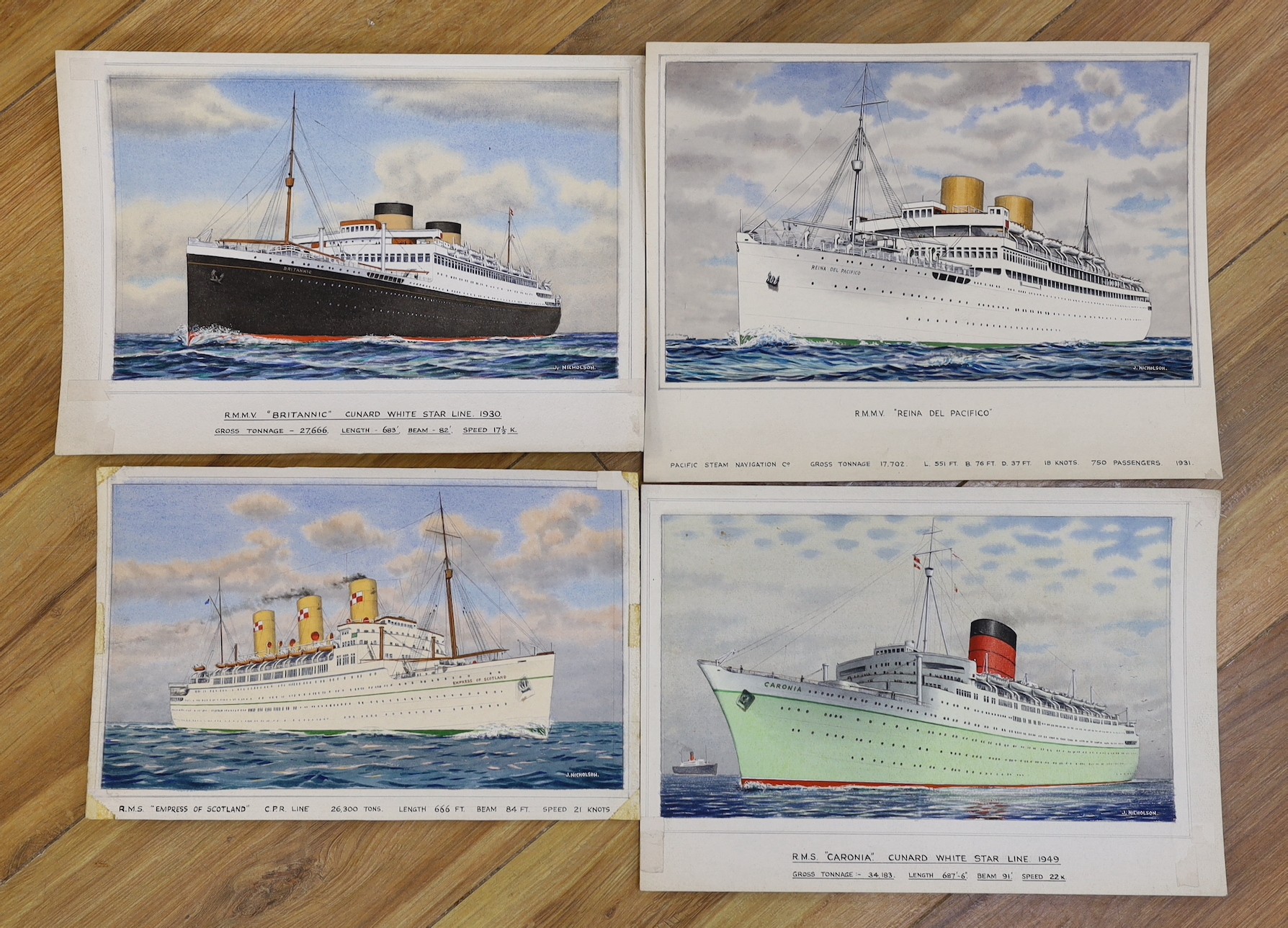 John Nicholson (1920-2003), four watercolours, Ocean liners, signed and titled, overall 21 x 31cm, unframed                                                                                                                 