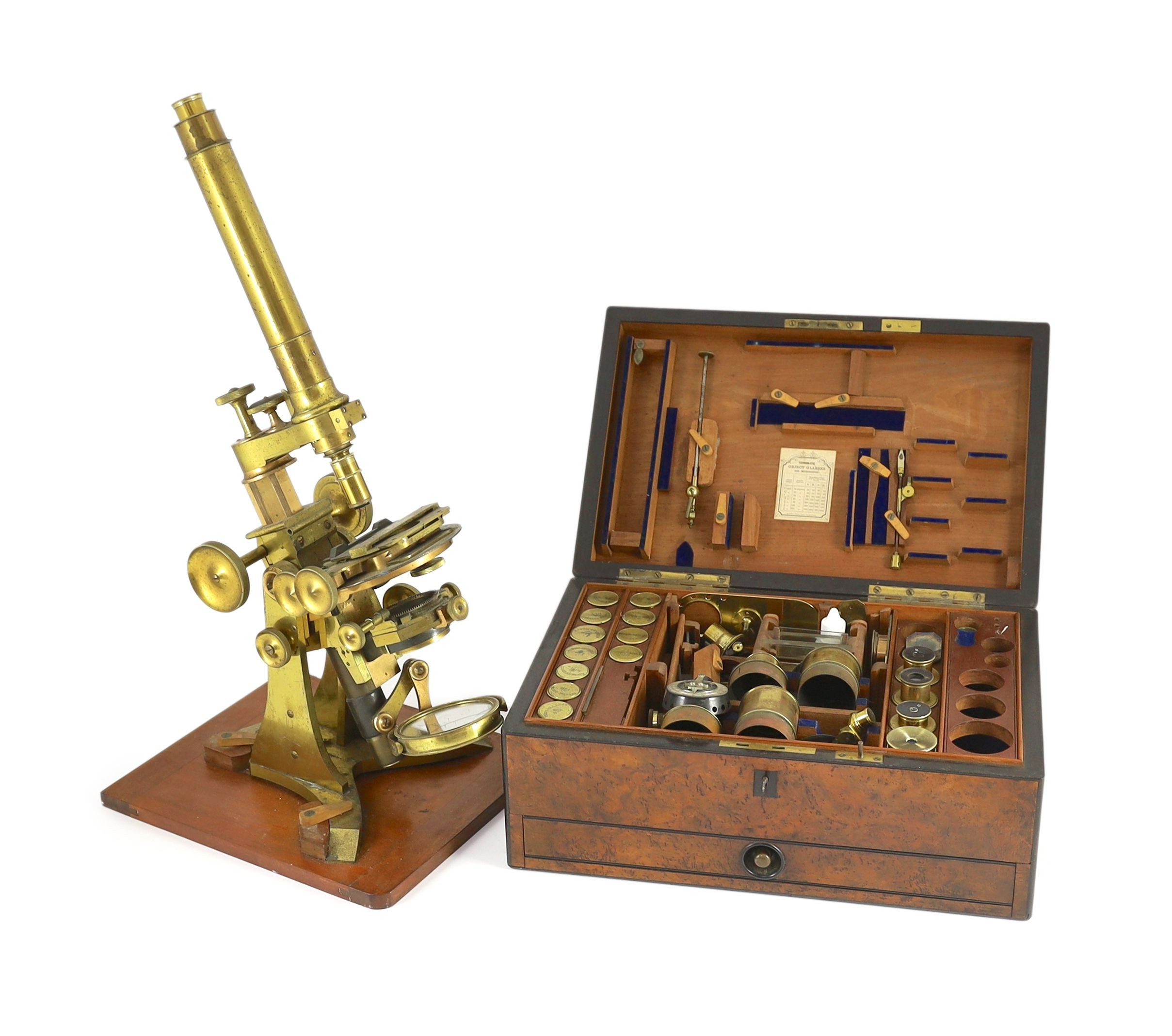 A good Victorian lacquered brass monocular microscope, originally owned by civil engineer Charles Neate (1821-1911), microscope height 59cm                                                                                 