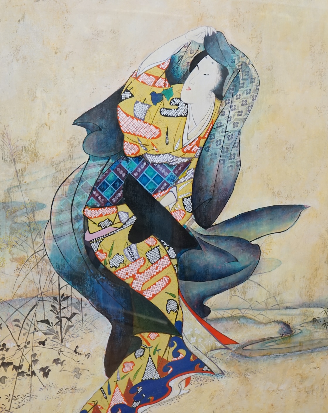 Keiko Ryu (Japanese), mixed media on board, Dancing woman wearing a kimono, signed with character marks and red seal mark, together with an exhibition catalogue, 87 x 63cm, gilt framed. Condition - good                  