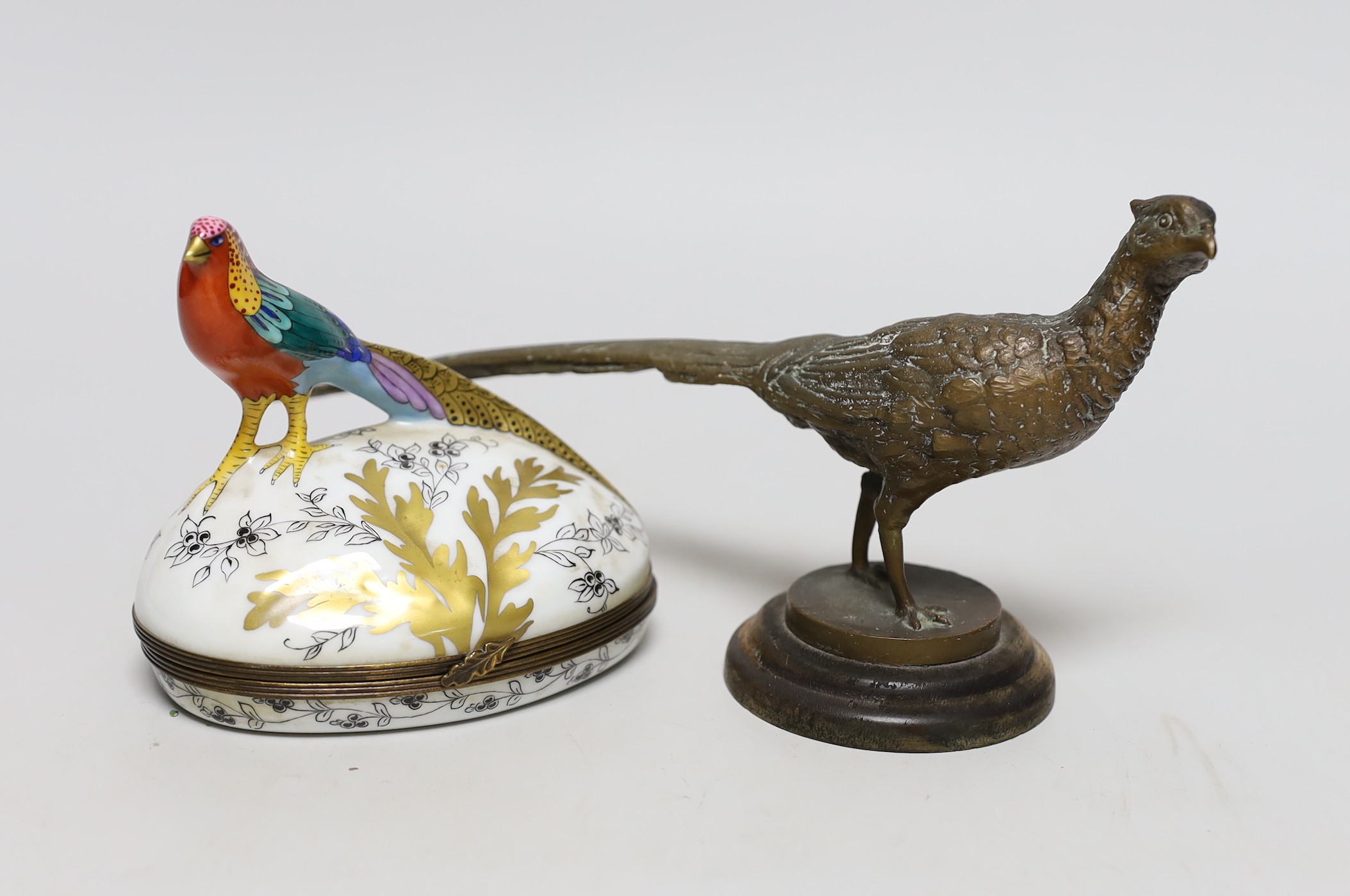 A Limoges pheasant box, together with a bronze figure of pheasant, bronze pheasant 25cms wide                                                                                                                               