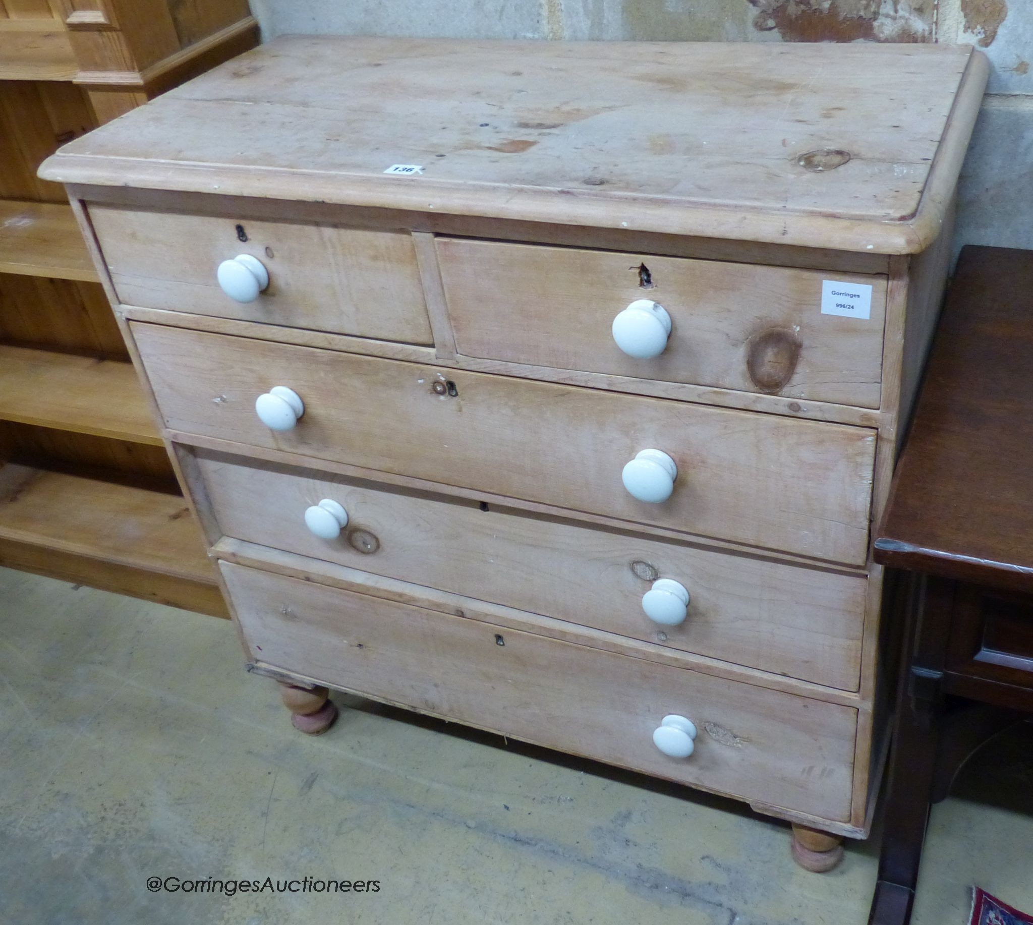 A Victorian pine chest of drawers, width 93cm, depth 46cm, height 97cm                                                                                                                                                      