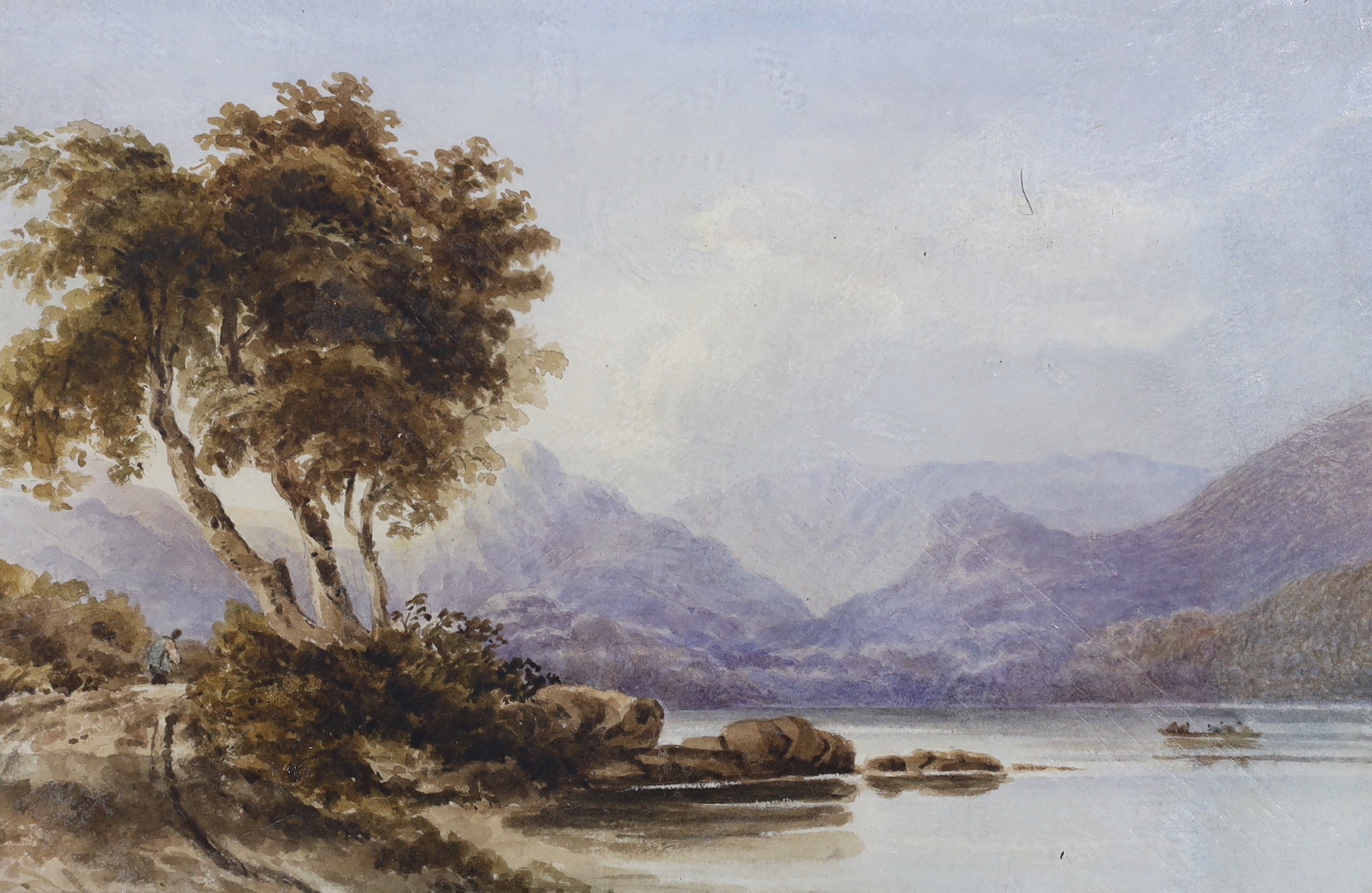 Attributed to John Varley (1778-1842), watercolour, Lake scene, 14.5 x 22.5cm                                                                                                                                               