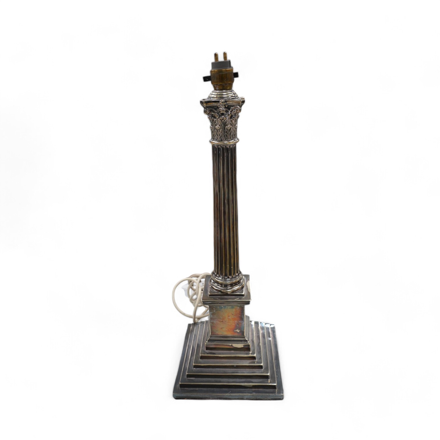 A silver plated Corinthian column table lamp, 42cm. Condition - worn, not tested as working                                                                                                                                 