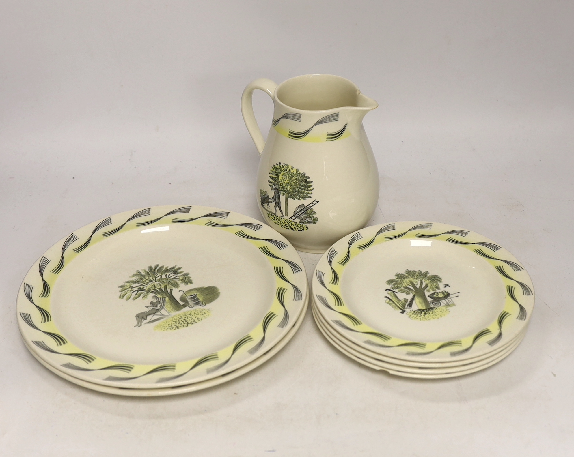 Eric Ravilious for Wedgwood, six garden pattern plates and a jug, largest 24cm in diameter                                                                                                                                  