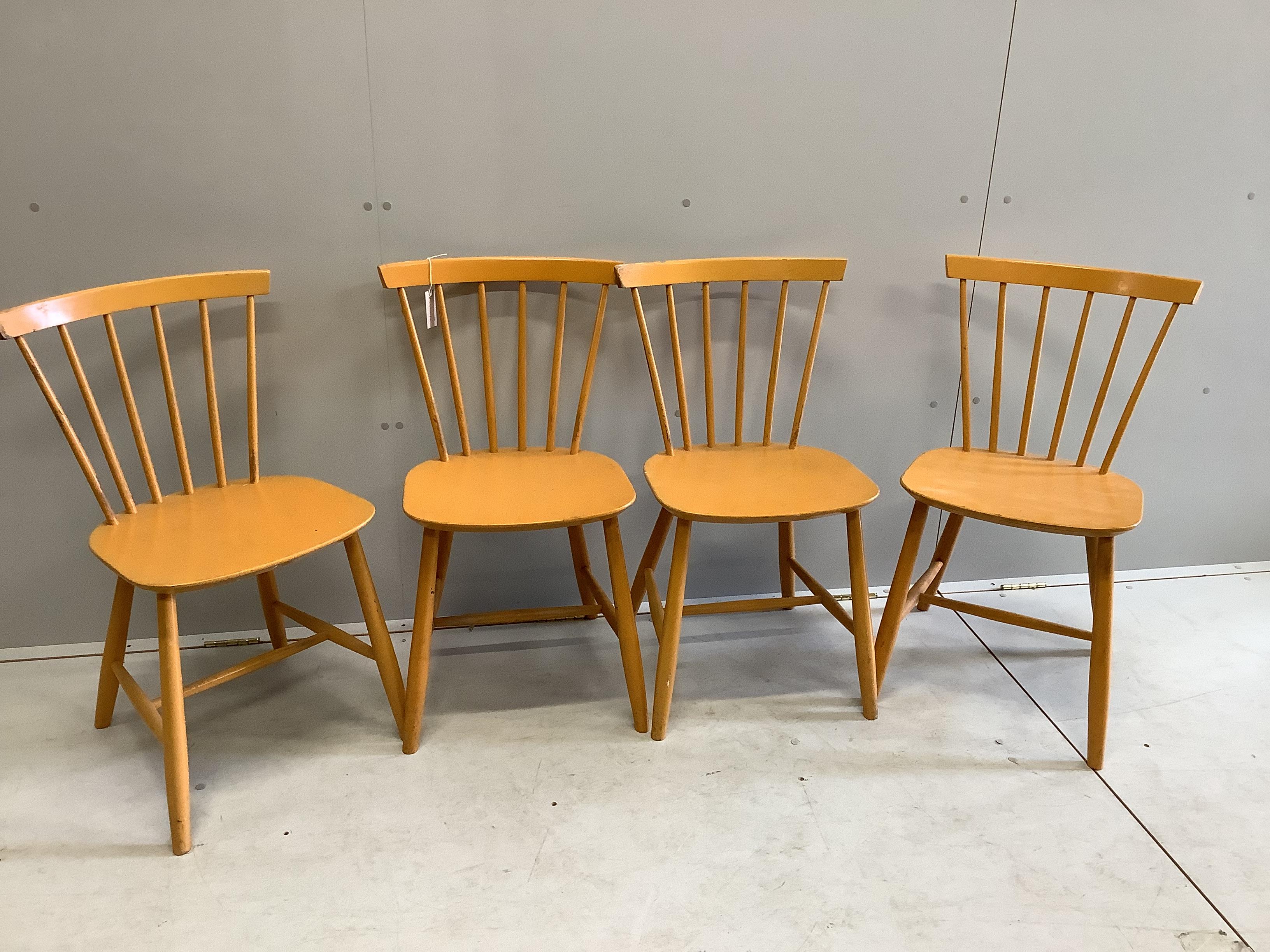 Four Danish painted beech stick back dining chairs                                                                                                                                                                          