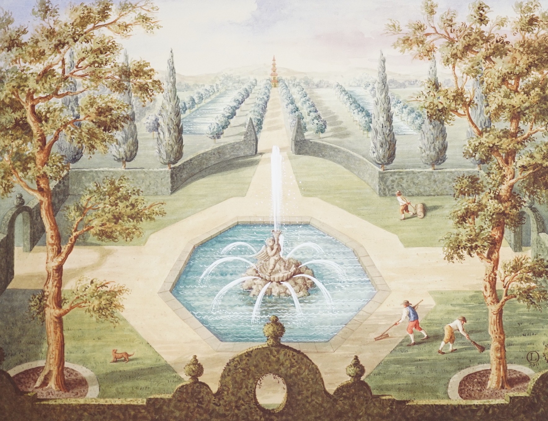 Lucinda Oakes, eight offset lithographs with hand-tinting, 18th century gardens with fountains, four signed in pencil and inscribed AP (artist proof), overall 35 x 42.5cm and four signed in pencil, overall 30 x 37.5cm, u