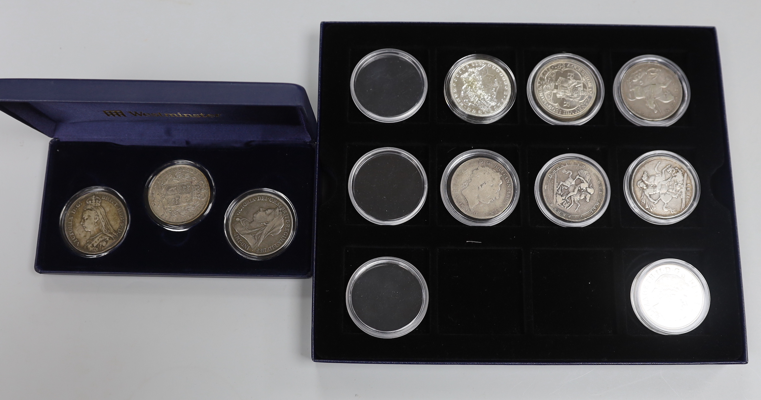 George III to Victoria silver crowns, Morgan dollar etc (2 cases)                                                                                                                                                           