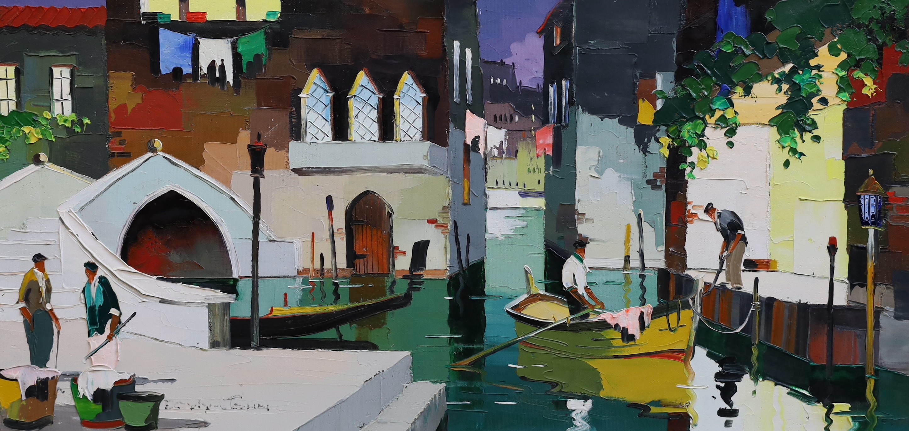 Cecil Rochfort D'Oyly-John (British, 1906-1993), 'By the Hotel Gritti, Off Place Masco, Venice', oil on canvas, 36 x 71cm                                                                                                   