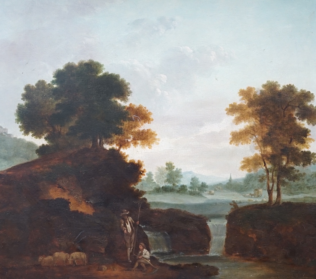 19th century, English school, oil on canvas, Pastoral landscape, 43 x 48cm, gilt frame. Condition - fair, relined                                                                                                           