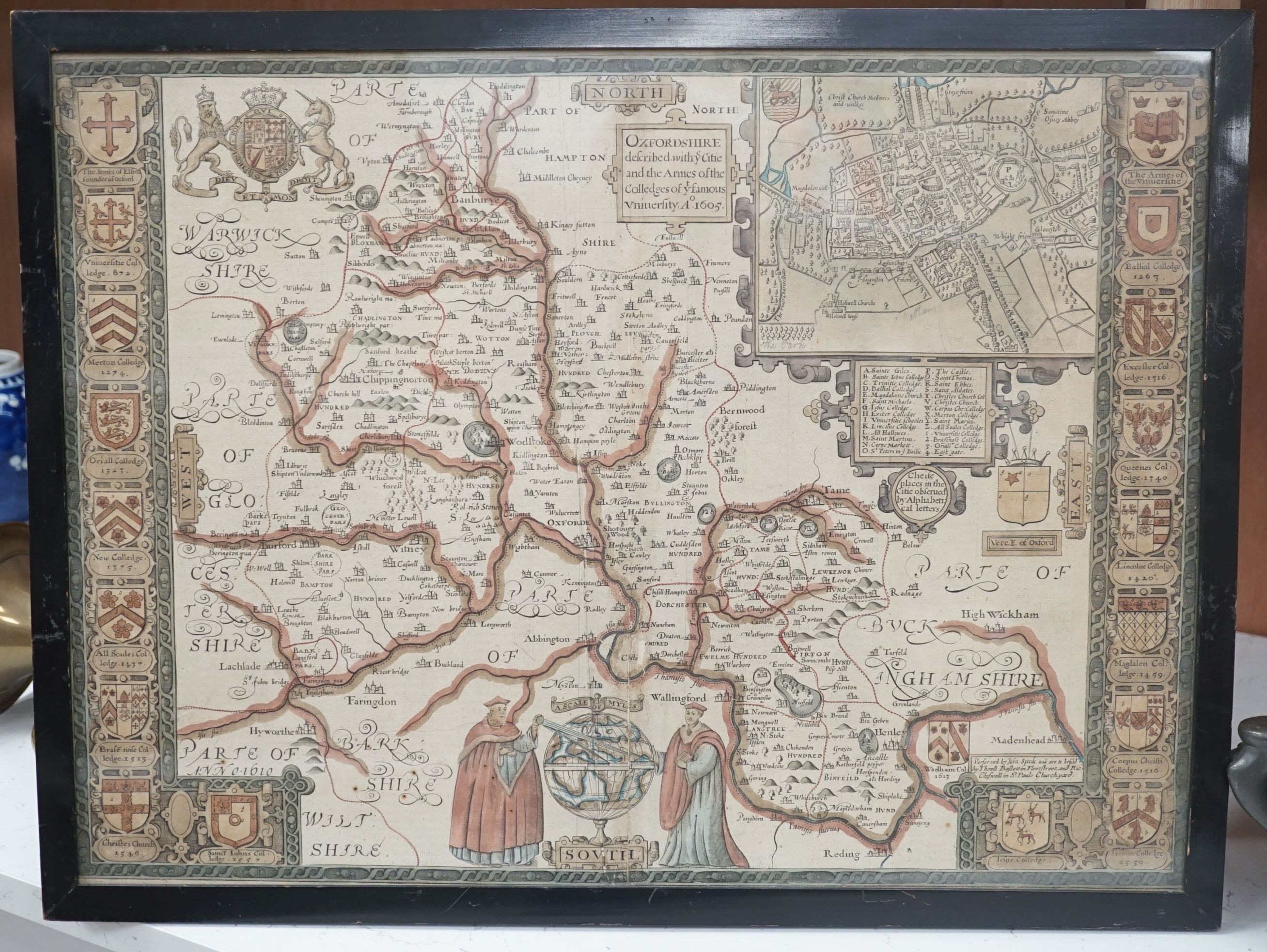 John Speed, coloured engraving, Map of Oxfordshire Described, 39 x 53cm                                                                                                                                                     